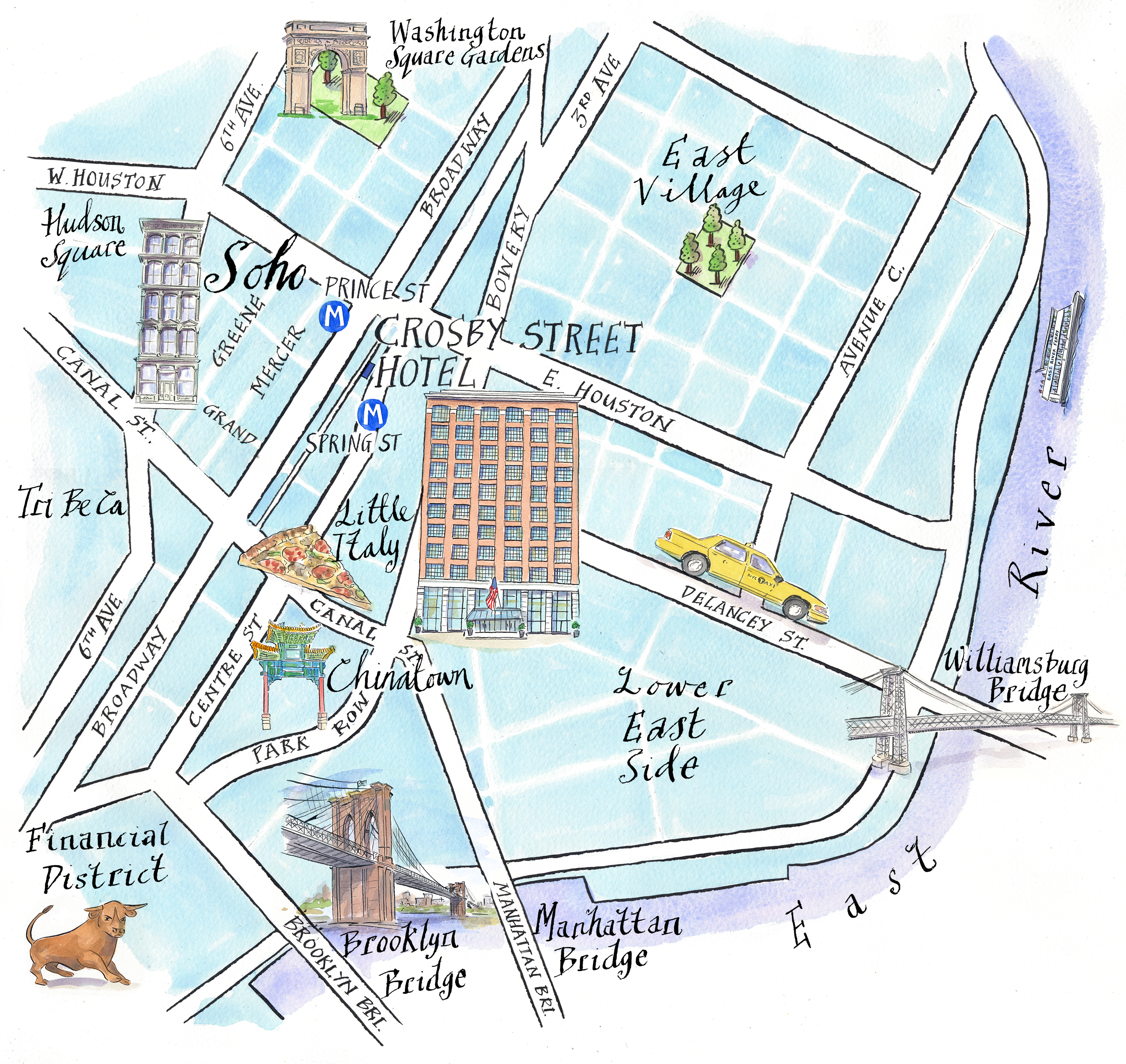 An illustrated map of SoHo surrounding Crosby Street Hotel. Larger fonts and icons signify key areas, Hudson Square, Washington Square Gardens, The Brooklyn Bridge and East Village and nearby underground stations.