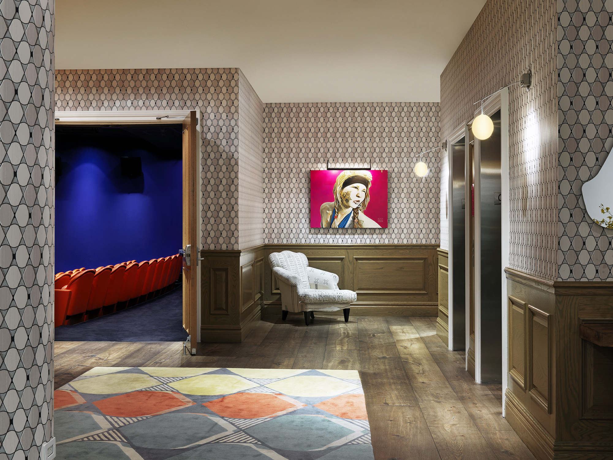 Close shot of the entrance to the screening room from the private events lobby at Crosby Street Hotel