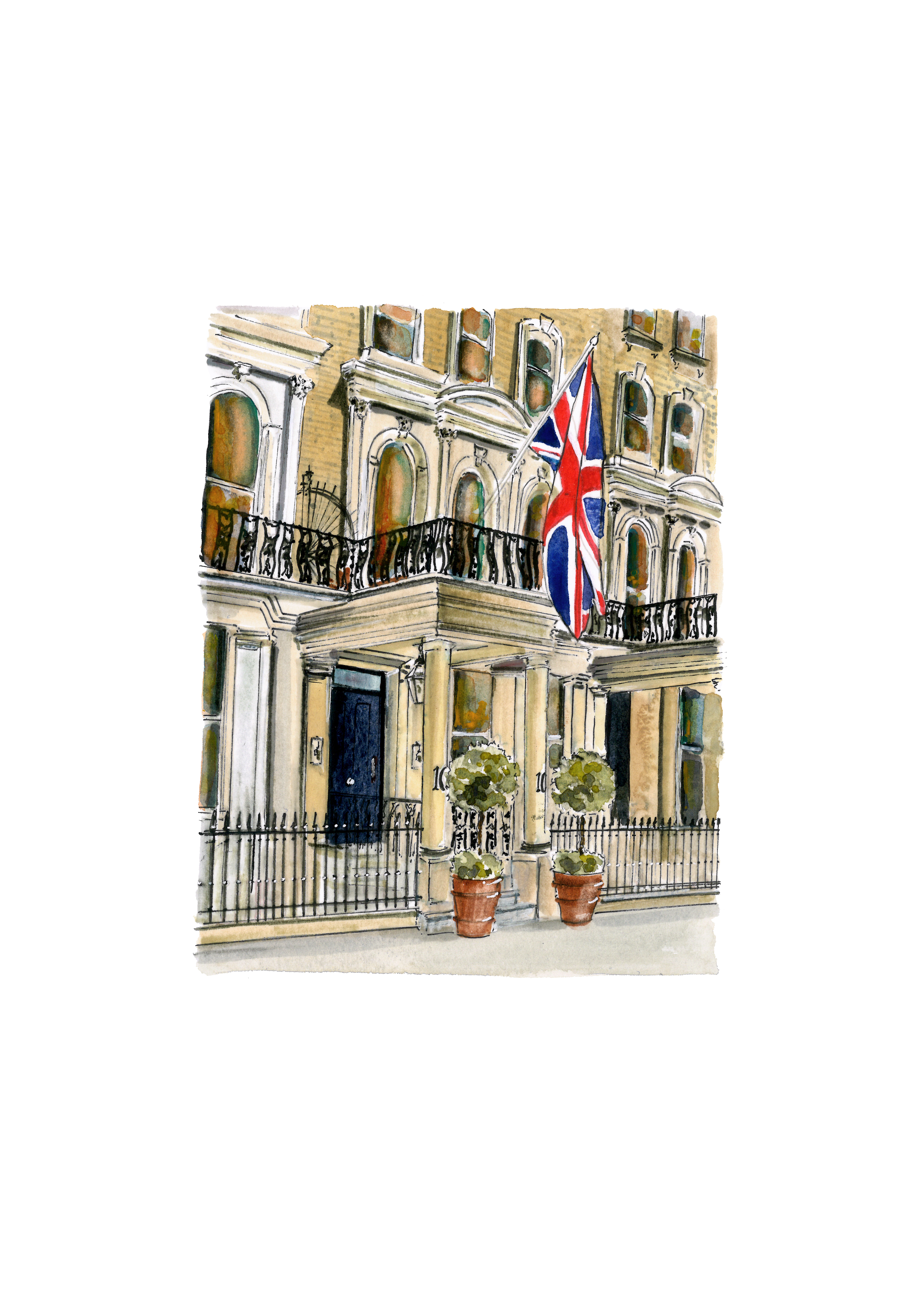 A watercolor-style illustration of Knightsbridge Hotel London exterior.