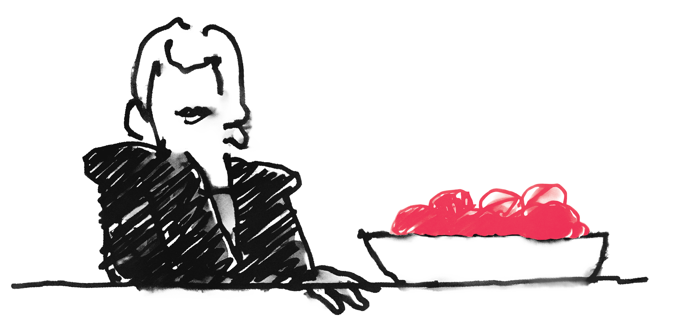 Knightbridge Hotel Icon. An animated poster of a lady in black and red fruit bowl.