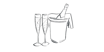 Black outline illustration of Champagne glasses and ice bucket on a transparent background