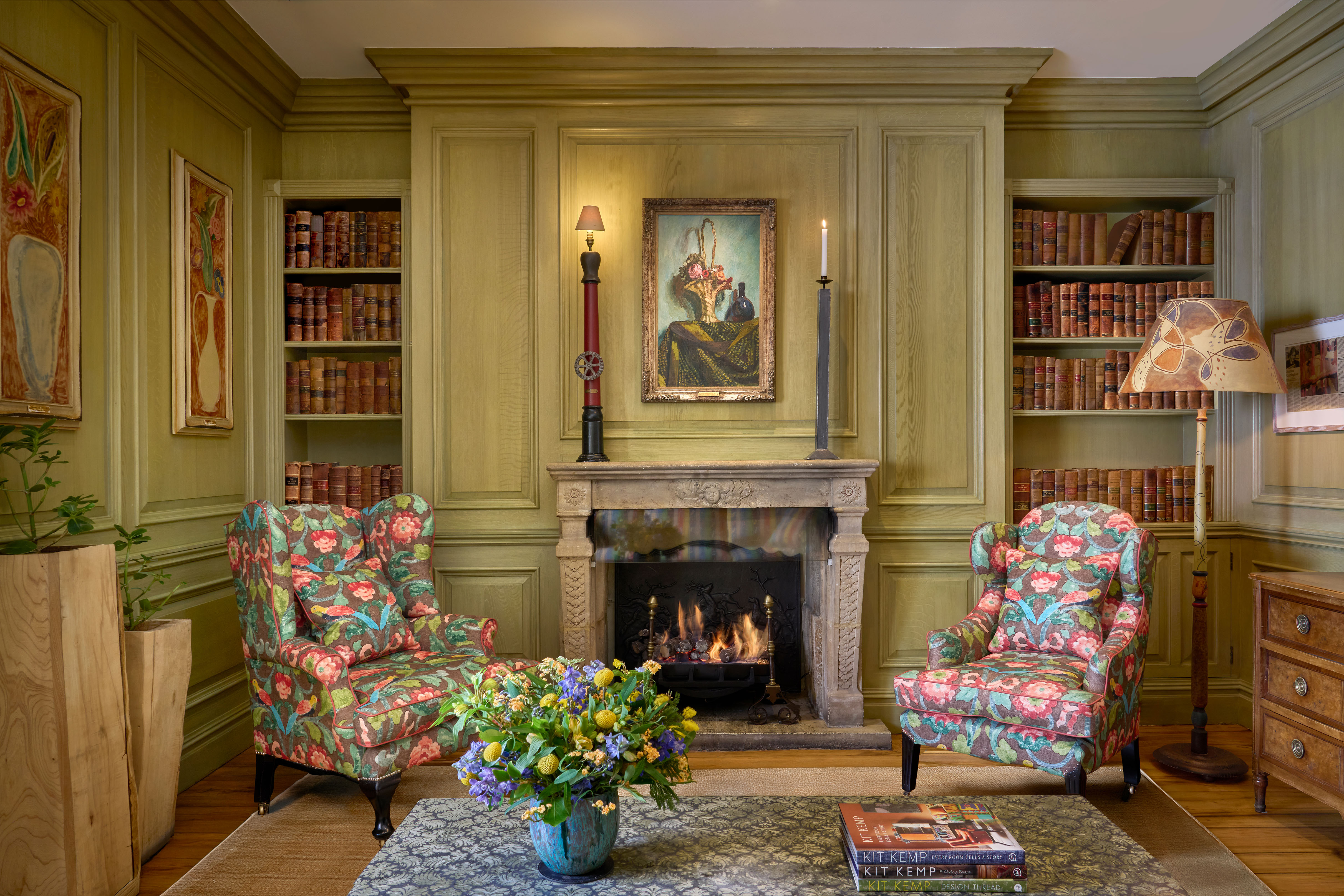 Close shot of the fireplace in the Library at Charlotte Street Hotel