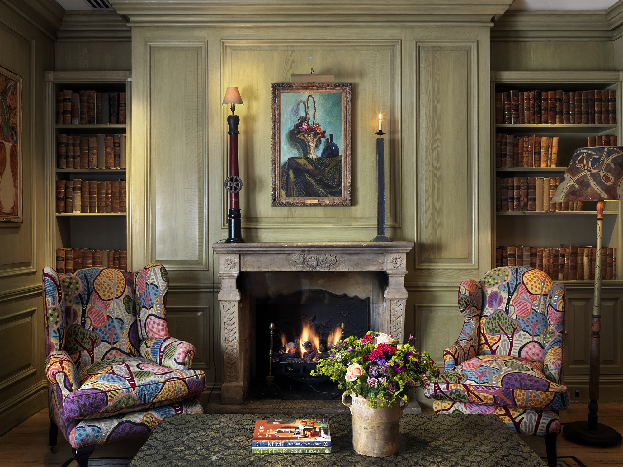 Close shot of the fireplace in the Library at Charlotte Street Hotel