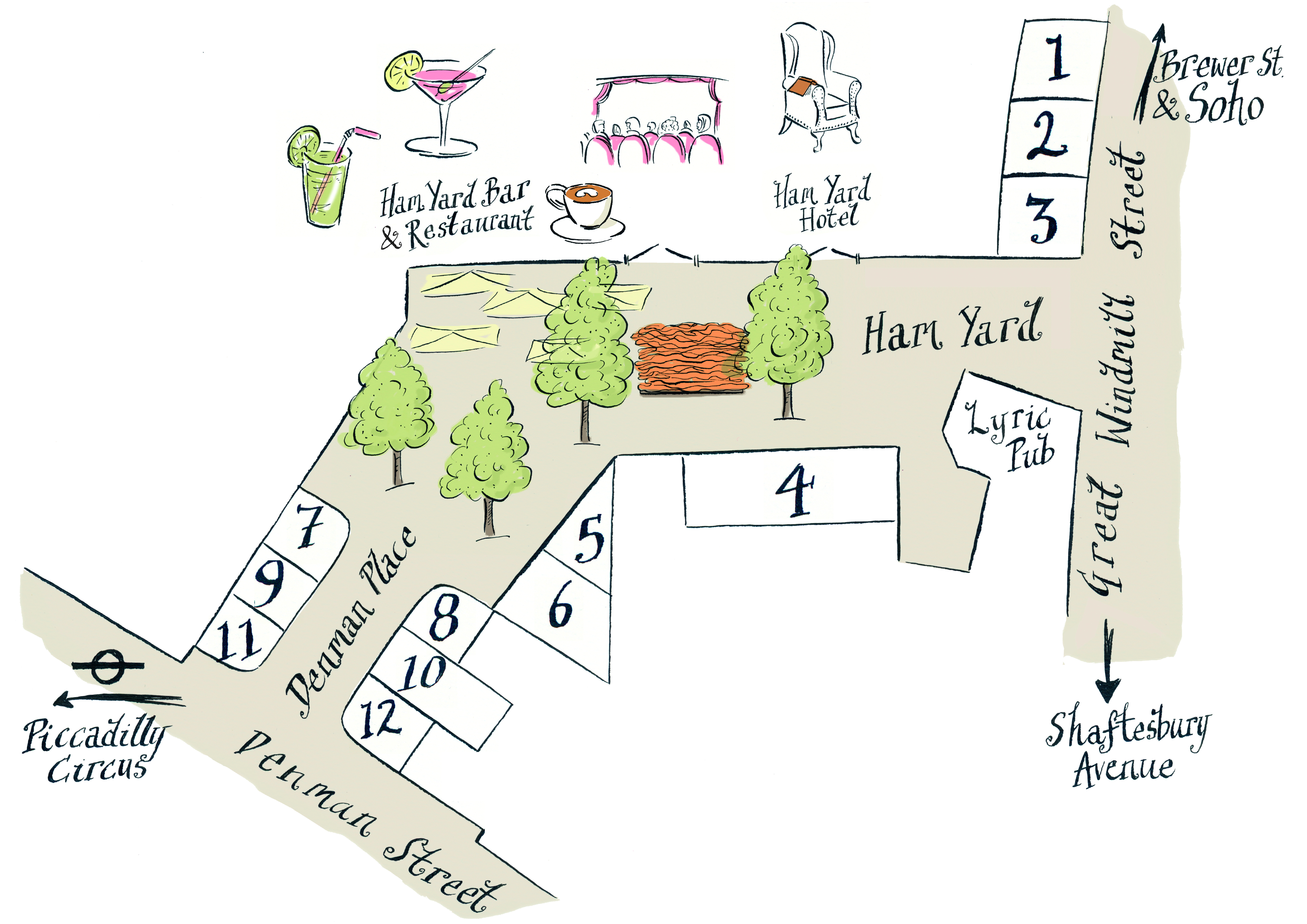An illustrated map detailing the layout of Ham Yard Village. Numbered boxes mark the different units surround the space with trees in the middle. At the top, illustrated icons of food and drink and an armchair represent Ham Yard Hotel and Ham Yard Restaurant