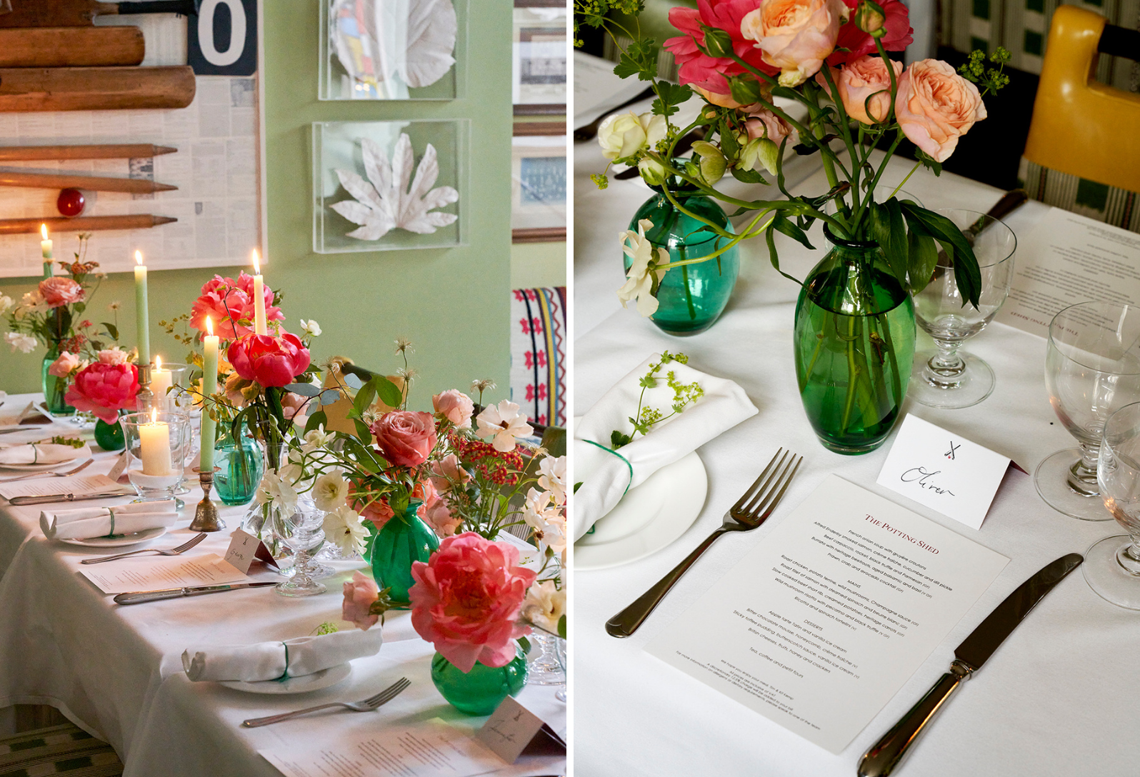Two portrait images stitched together. Close shot of a long wedding table set-up in the Potting Shed at Dorset Square Hotel
