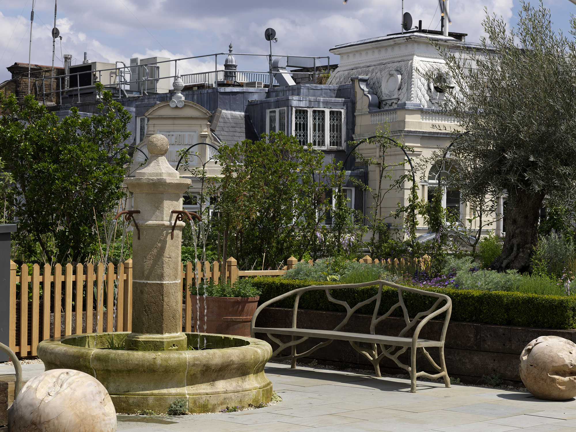 Detailed shot of a corner of the Roof Terrace at Ham Yard Hotel