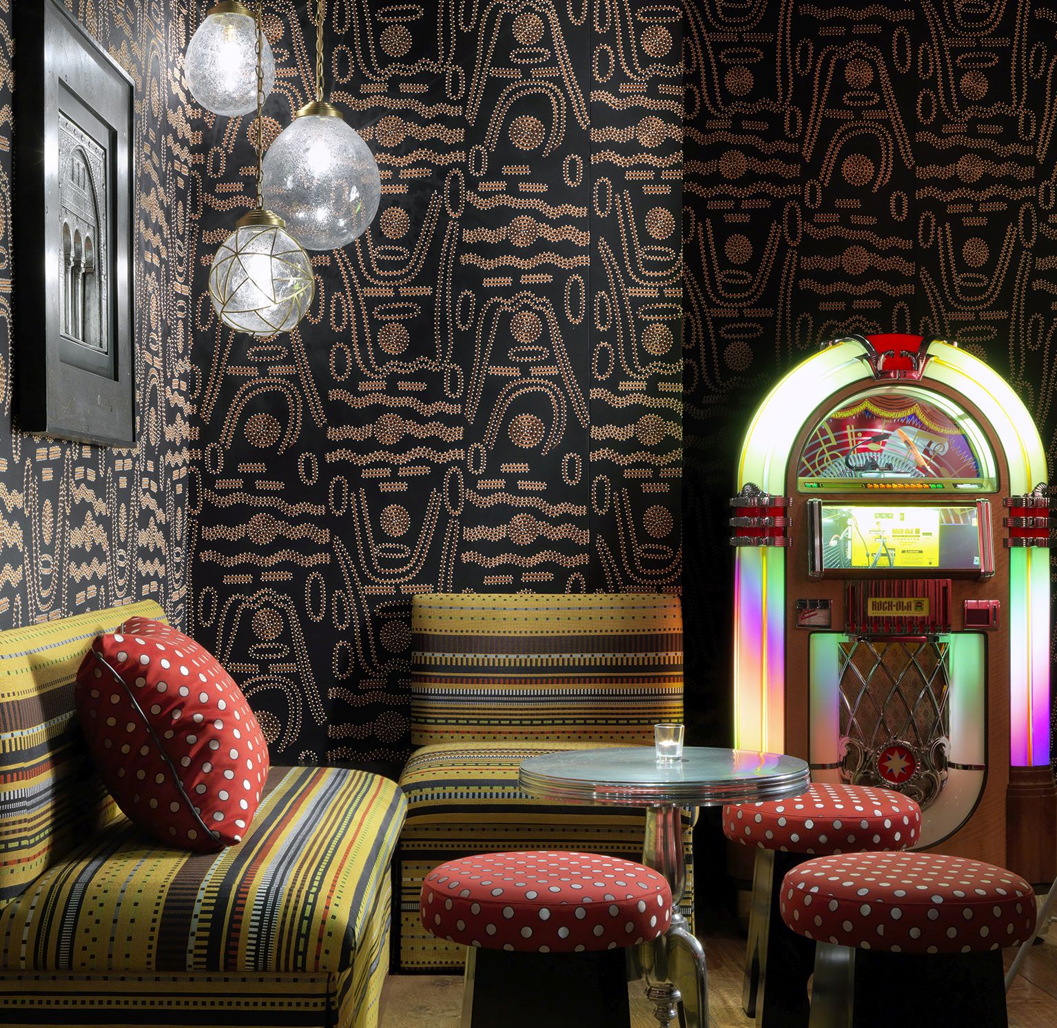 Close shot of a lounge table in the Crimson Bar private events room at the Soho Hotel