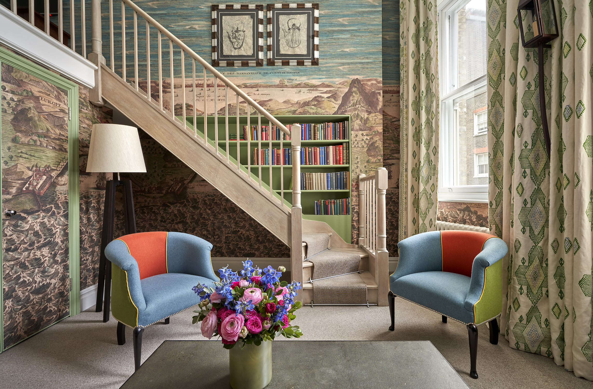 Living room and stairs shot of room 110, a Loft Suite at Charlotte Street Hotel