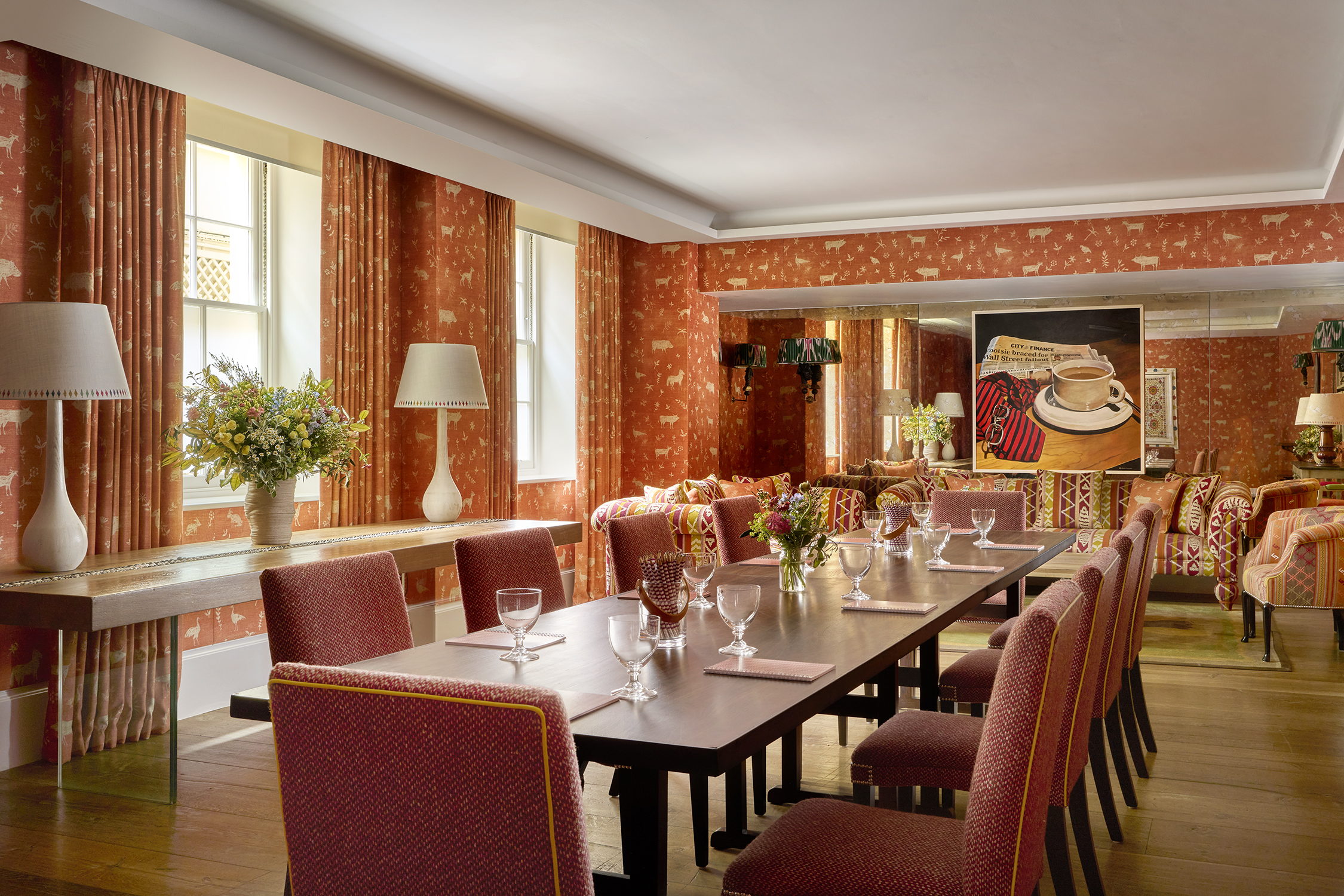 Long meeting table in the Rocklin private events room at Haymarket Hotel