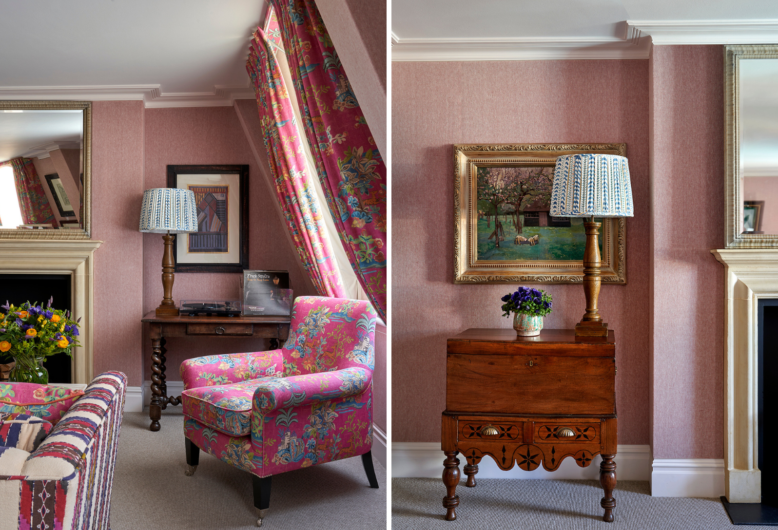 Two portrait images stitched together. On the left an armchair in the room and on the right an antique chest with a lampshade in Charlotte Street Hotel
