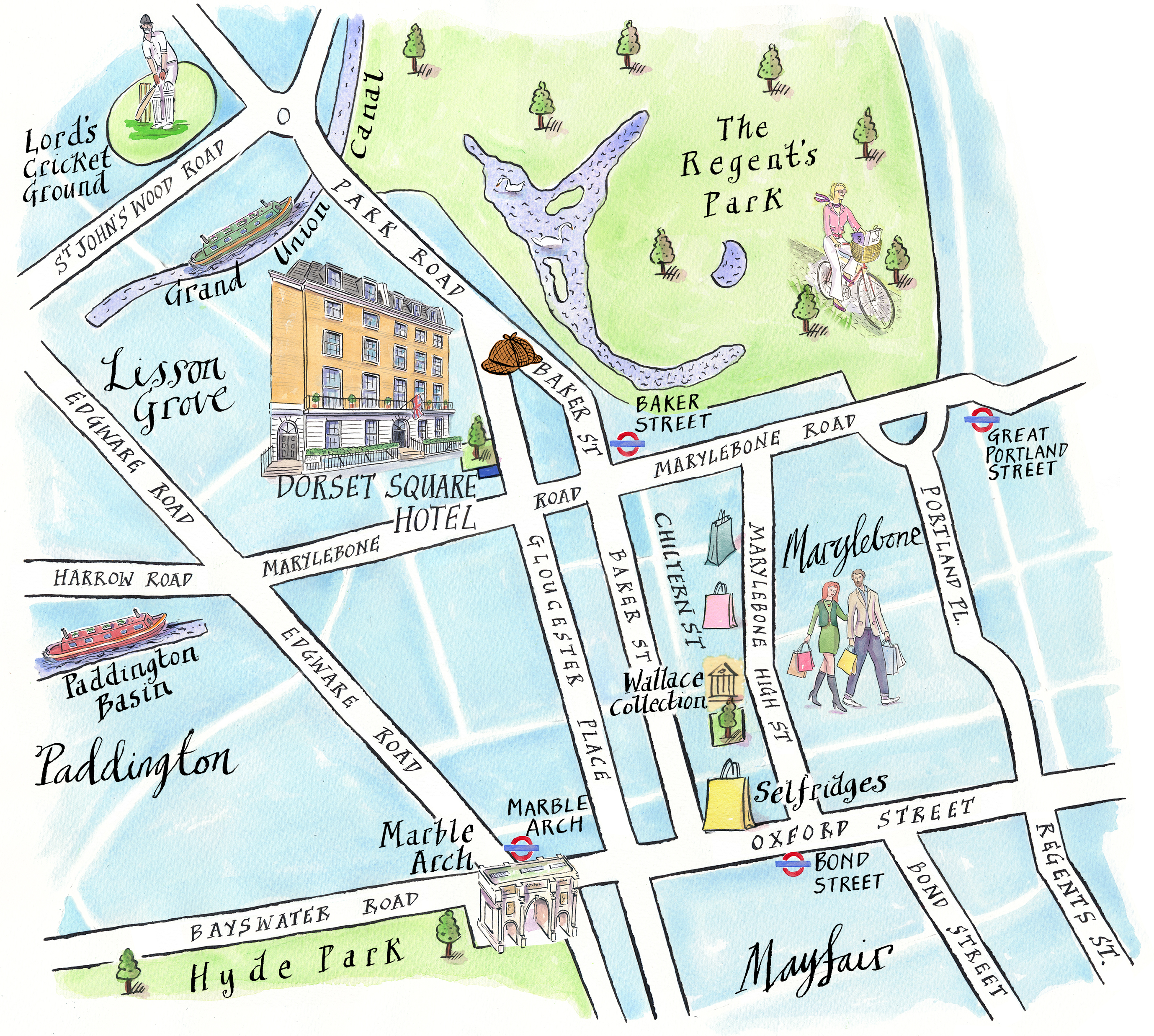 An illustrated map of Marylebone surrounding Dorset Square Hotel. Larger fonts and icons signify key areas, including Hyde Park, Regents Park, Selfridges, Lords Cricket Ground and nearby underground stations