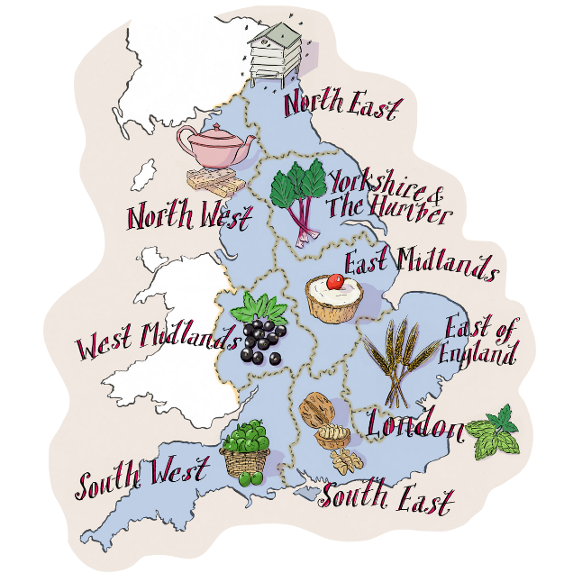 A colourful map of the UK on a transparent background with the nine regions marked, with fruit and other food to represent it
