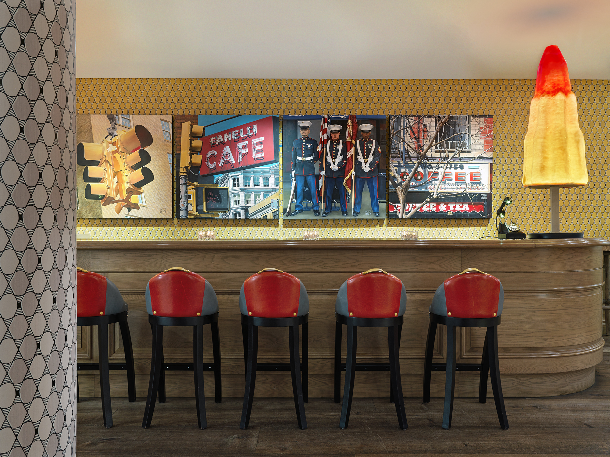 Close shot of the reception bar in the private events lobby at Crosby Street Hotel