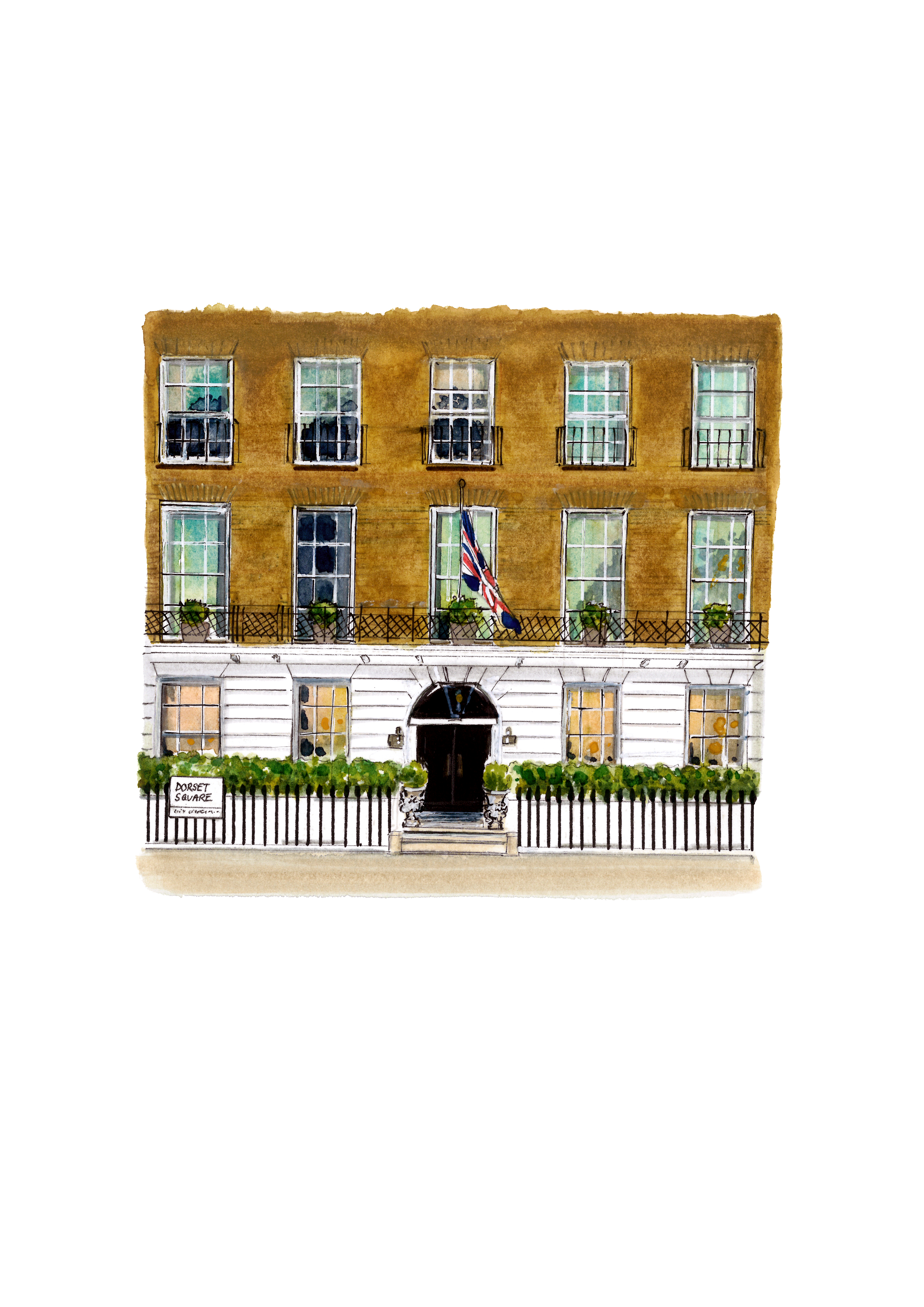 A watercolor-style illustration of Dorset Square Hotel London exterior.