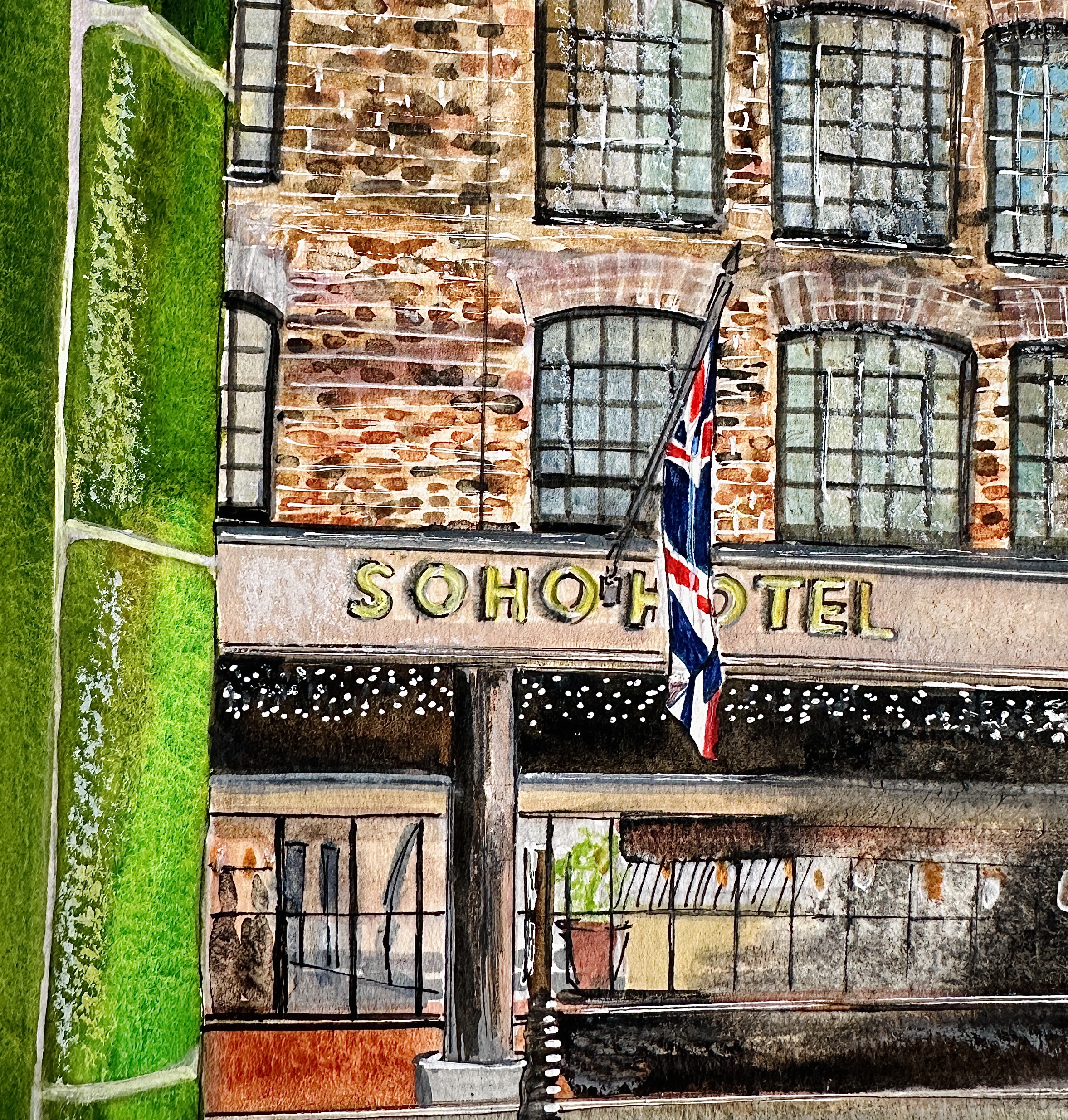 A watercolor-style illustration of The Soho Hotel London exterior.