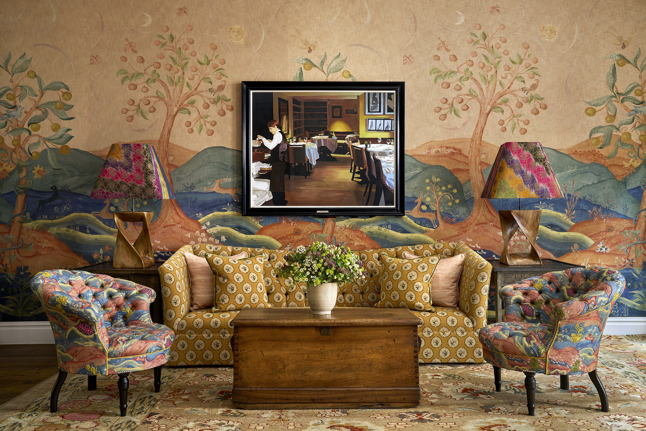 Close front on shot of a seating area in the Drawing Room at The Soho Hotel