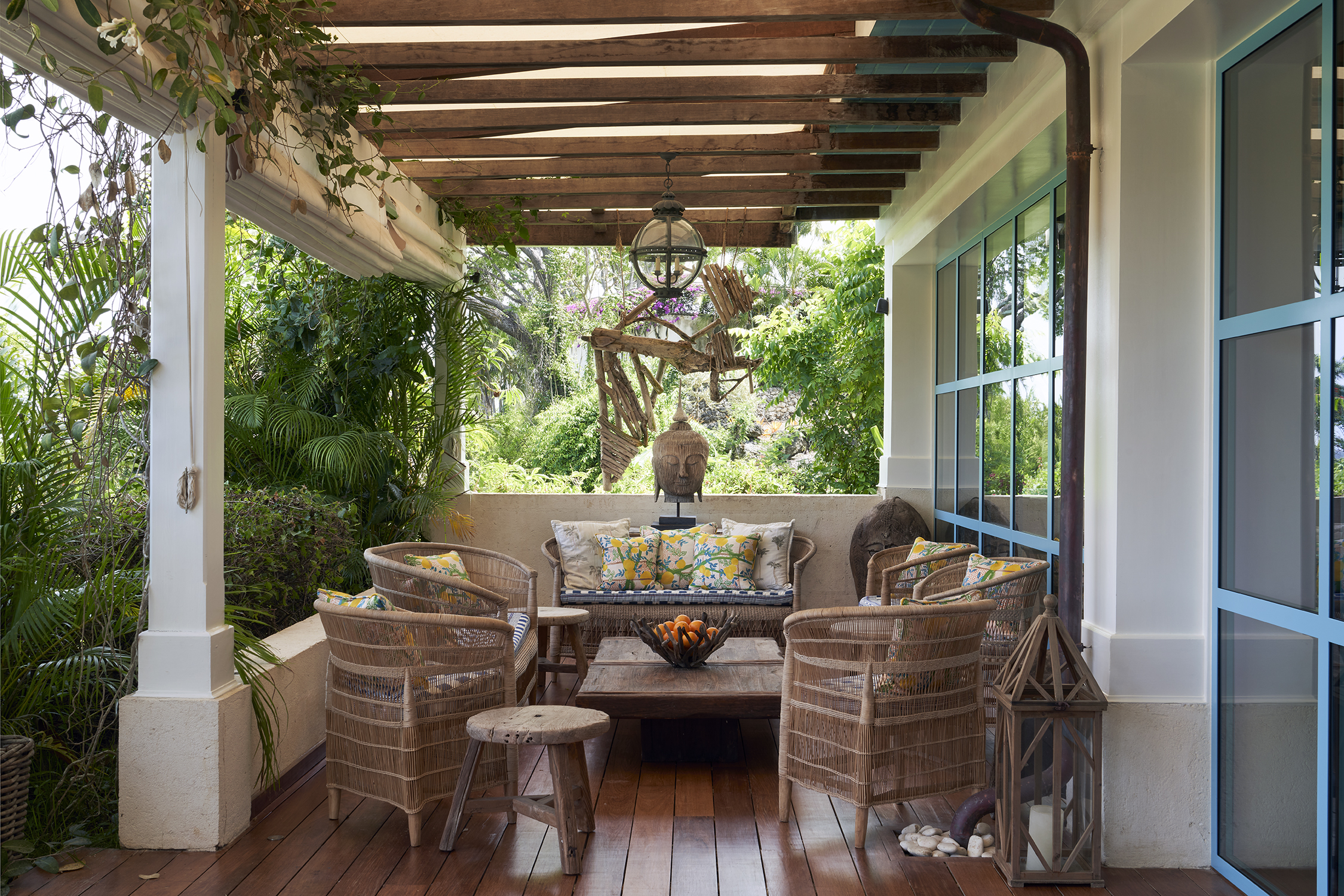 An image of the outside seating area in the pavilion. At Rossferry, the Caribbean Property managed by Firmdale.