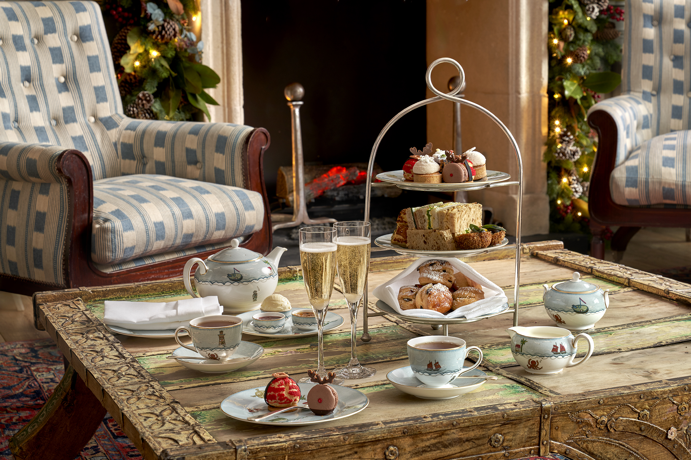 Wide shot of Festive Afternoon Tea in the drawing room at Ham Yard Hotel