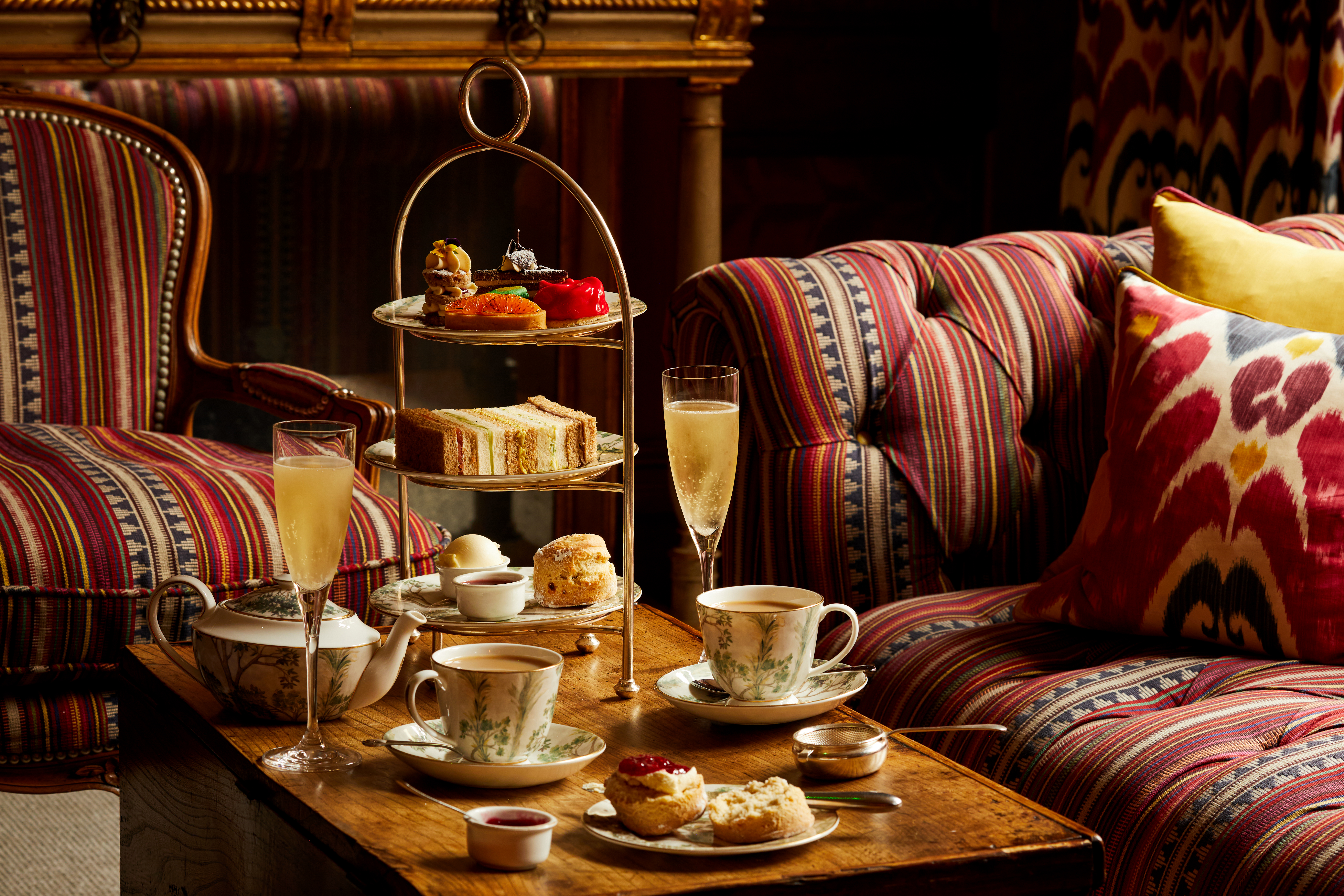 Wide shot of Traditional Afternoon Tea with Champagne at in the Drawing Room at Covent Garden Hotel