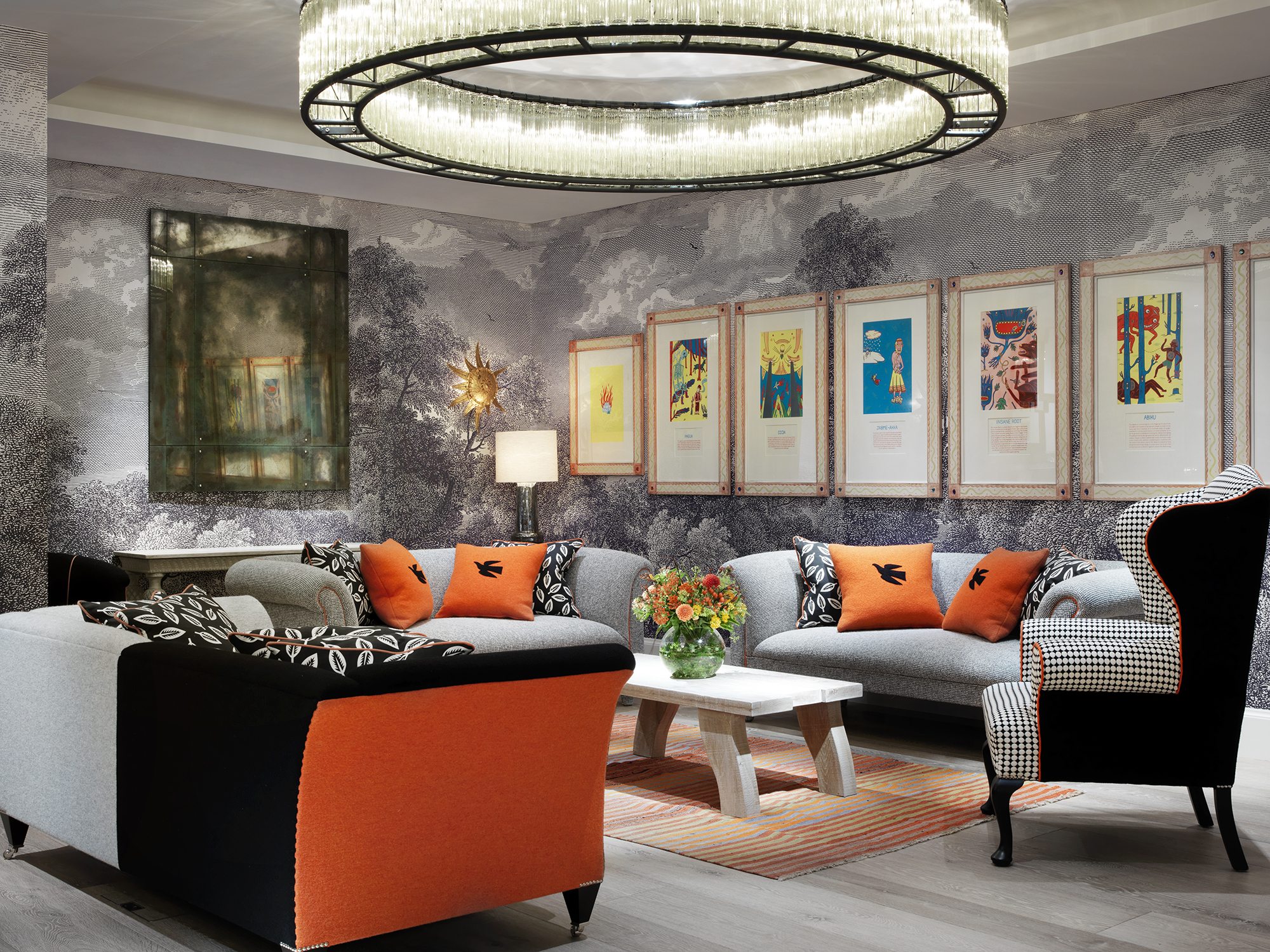 Diagonal shot of the lounge area in the Windmill private events room at Ham Yard Hotel