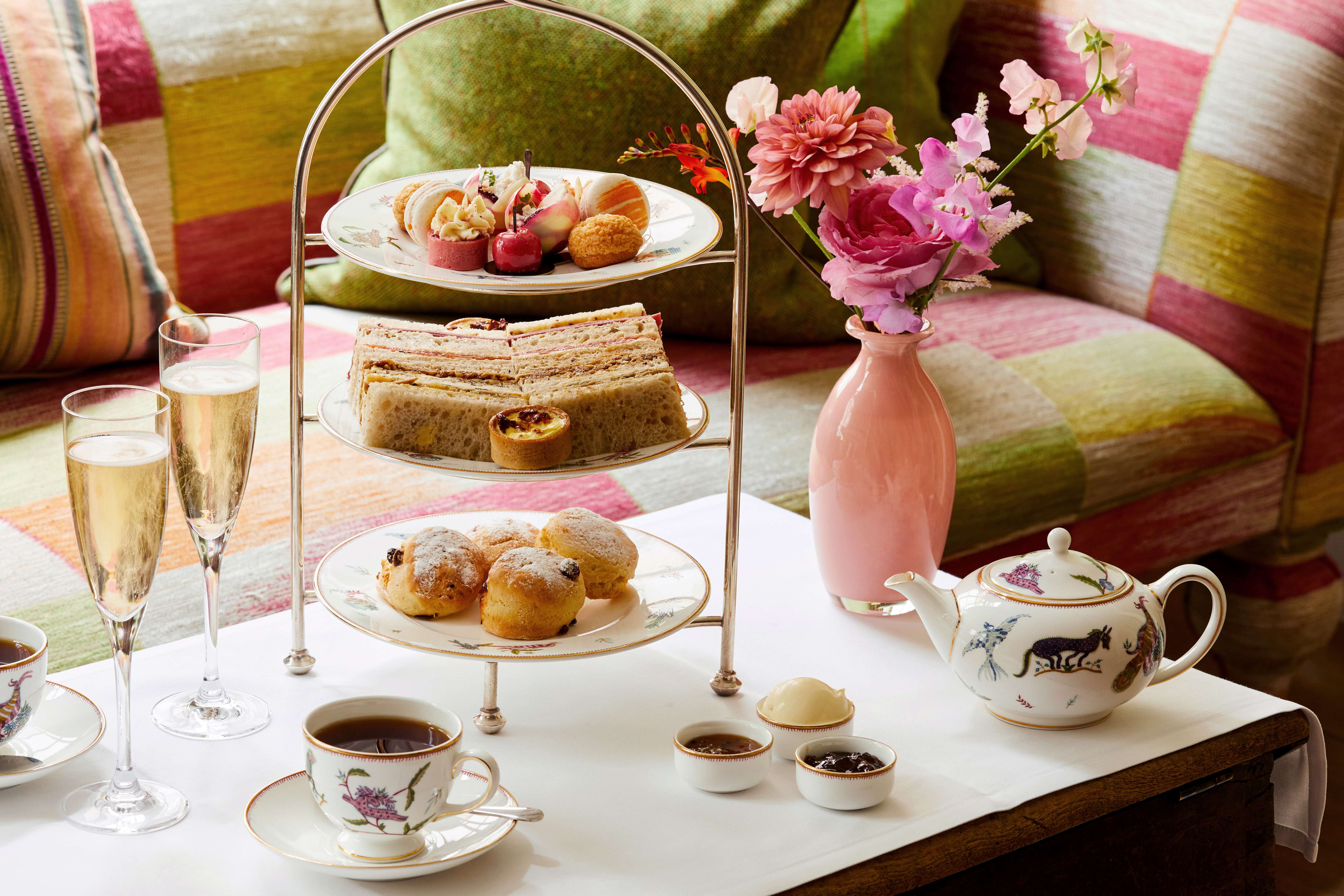 Wide shot of Summer Afternoon Tea in the drawing room at The Soho Hotel