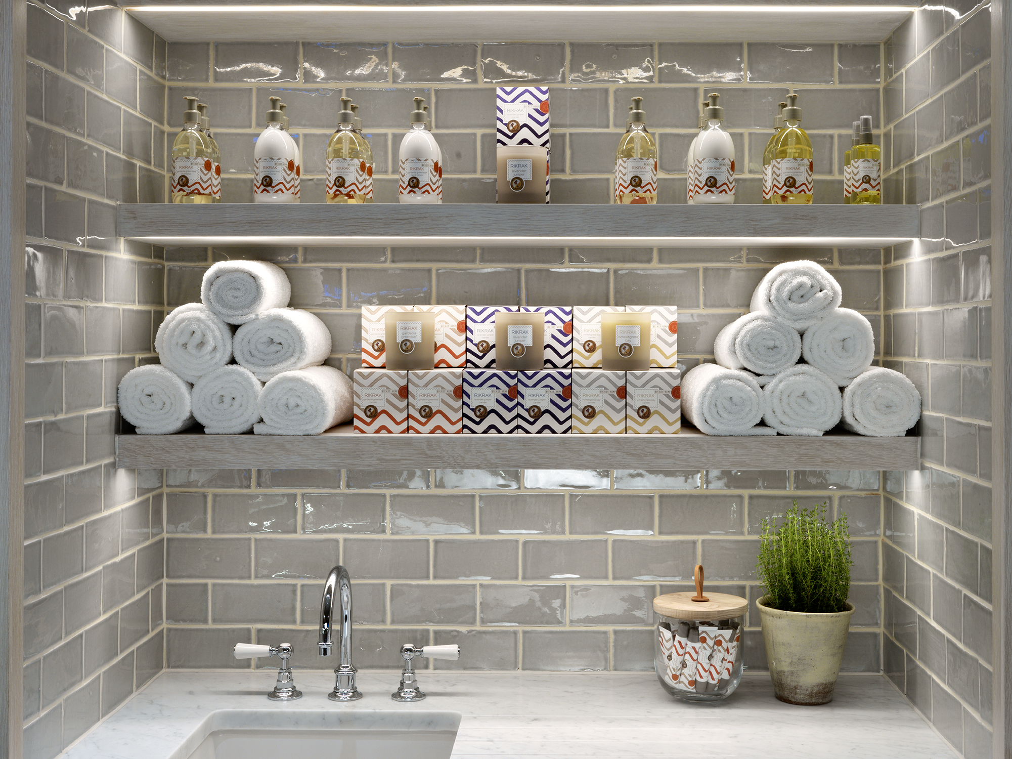 Close shot of Rik Rak items in the Soholistic Spa at Ham Yard Hotel