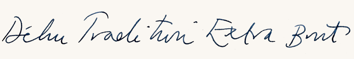 Handwritten script saying Dehu Tradition Extra Brut
