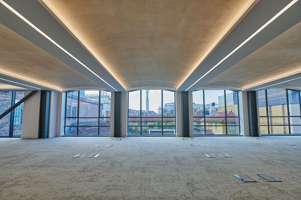 A wide shot of the view of the open plan office space at 9-11 Richmond Buildings