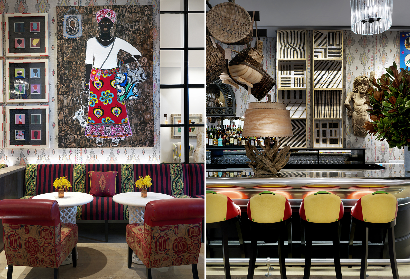 Two portrait images of The Whitby Bar stitched together. On the left, low seating and tables in the bar area. On the right, the end of the bar