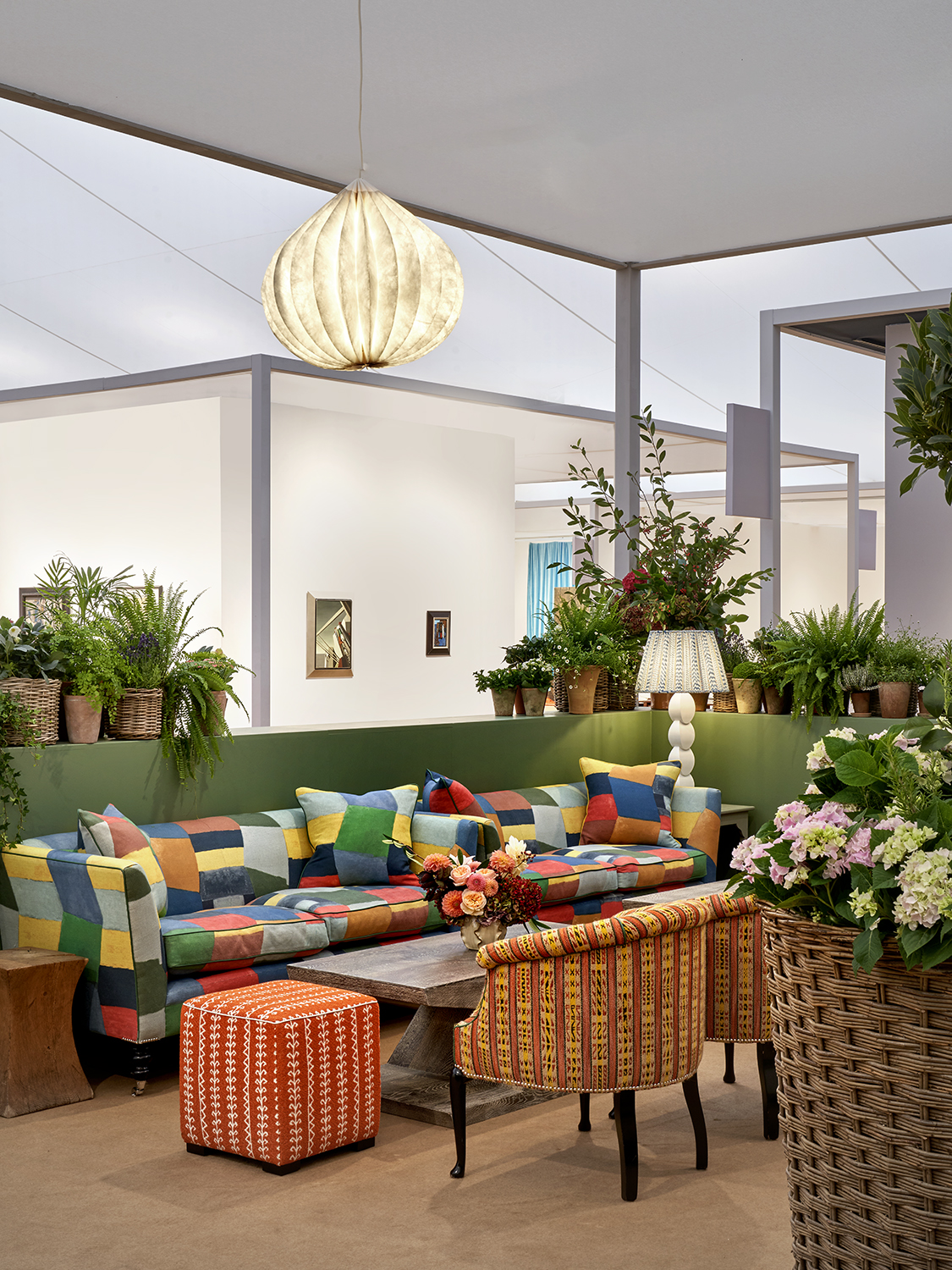A portrait shot of the lounge area in Ham Yard Restaurant at Frieze Masters designed by Kit Kemp Design Studio