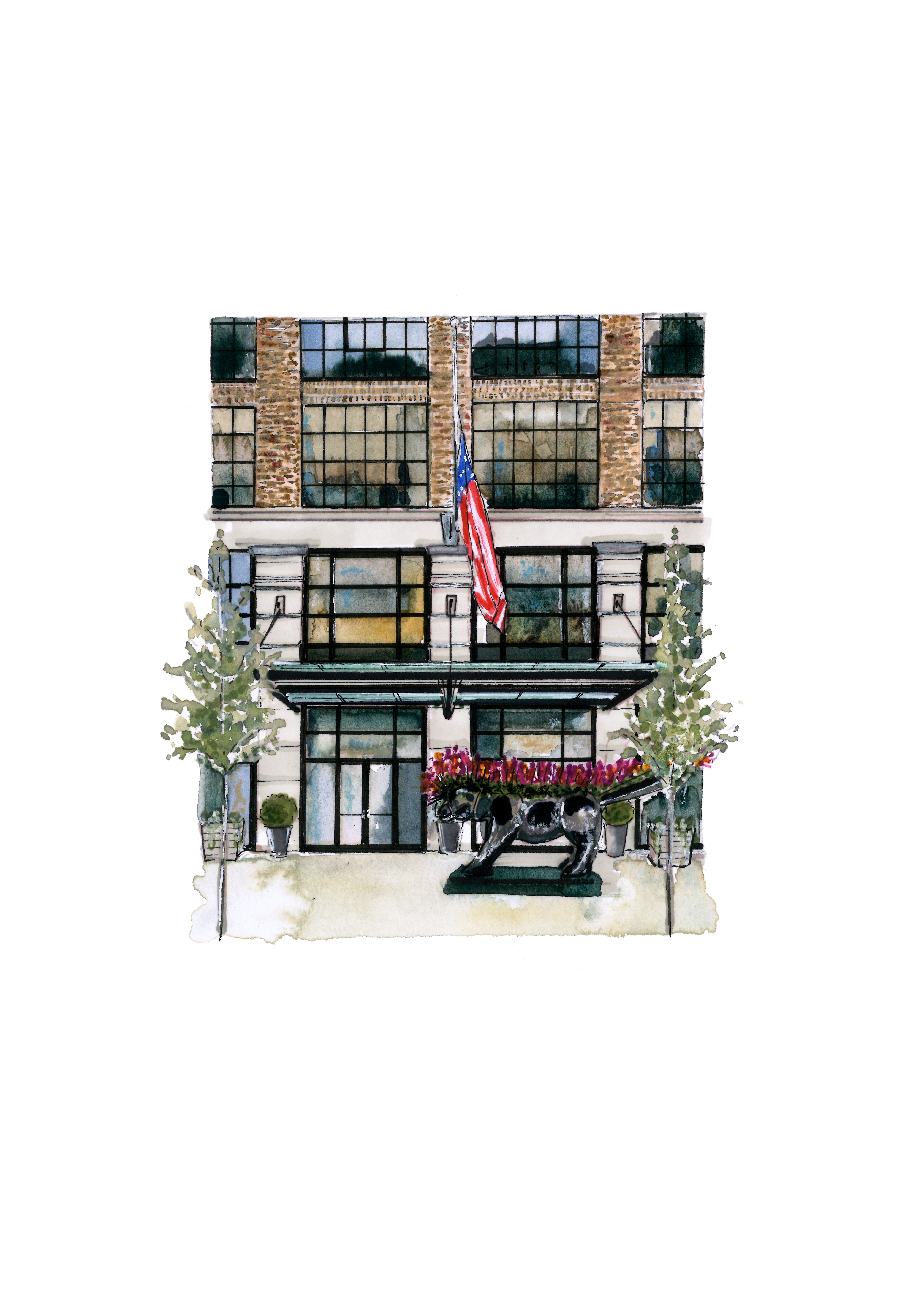 A watercolor-style illustration of Crosby Street Hotel exterior.