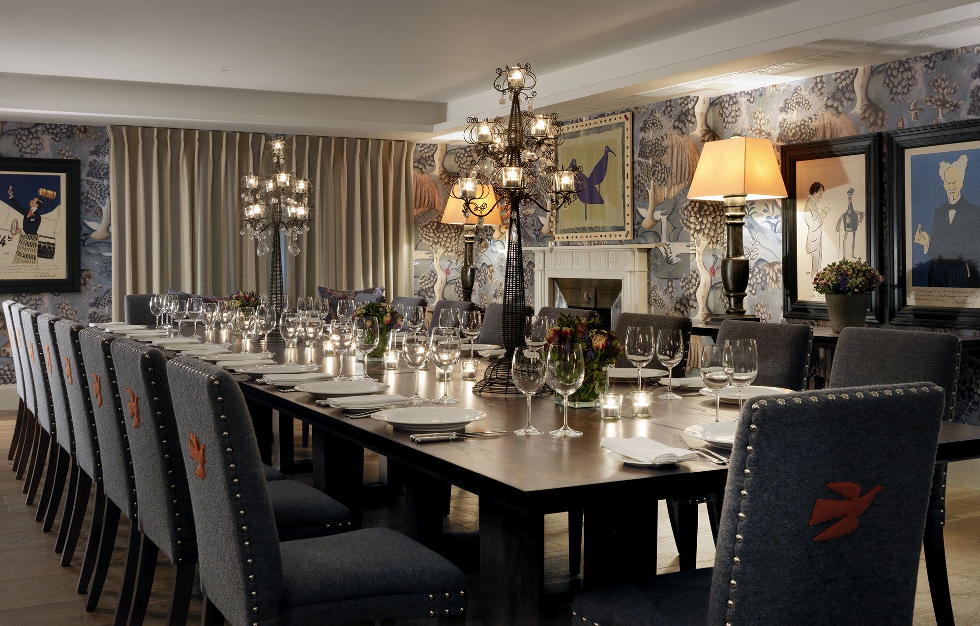 Long dining table set-up in the Nash private events room at Haymarket Hotel