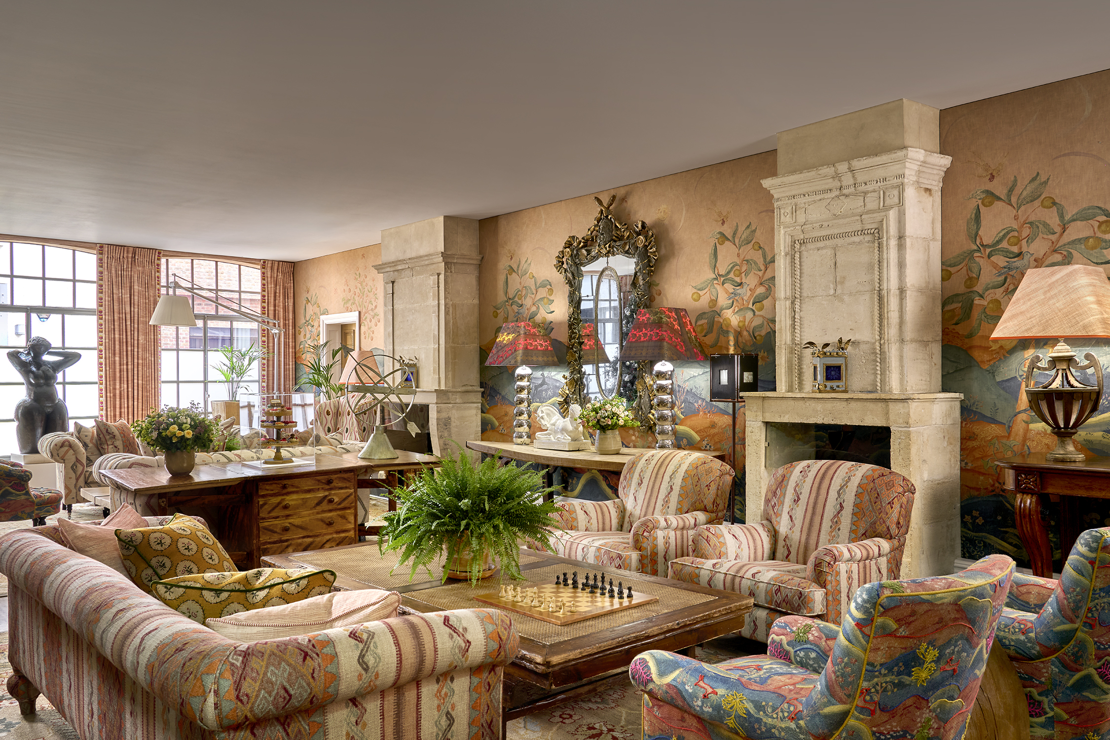 Diagonal wide shot of the Drawing Room at The Soho Hotel