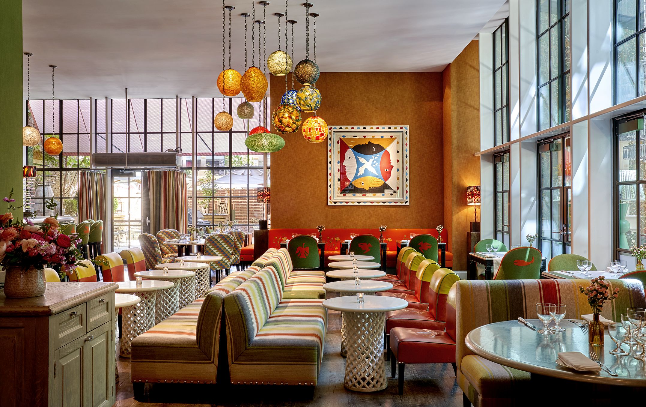 Wide shot of bar tables at Crosby Street Hotel