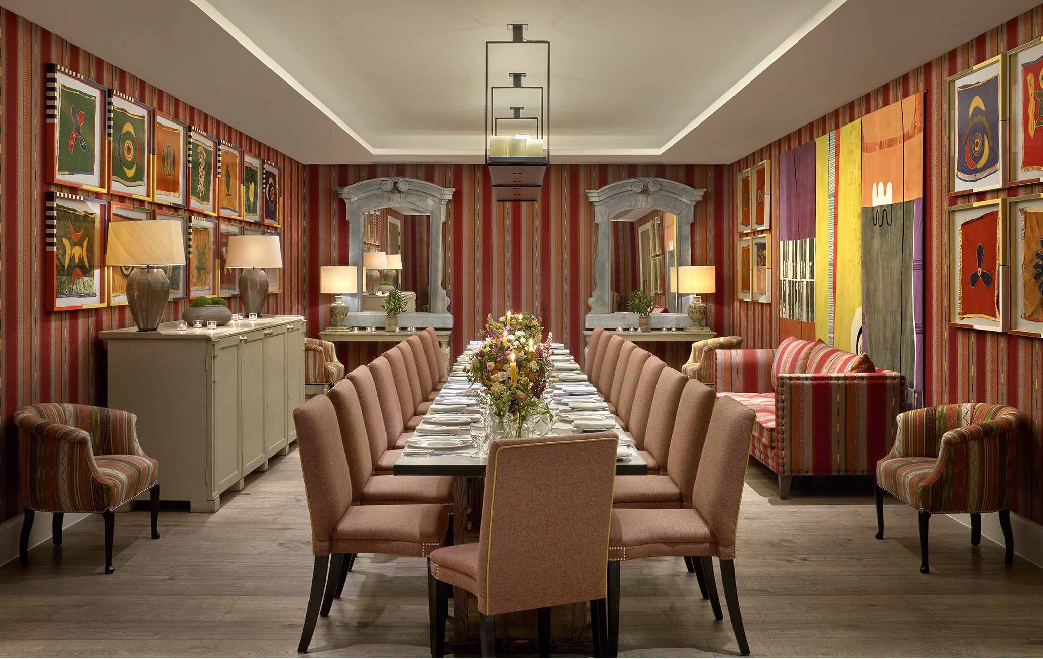 An image of the long dining set up in the Sherwood private events room at Ham Yard Hotel