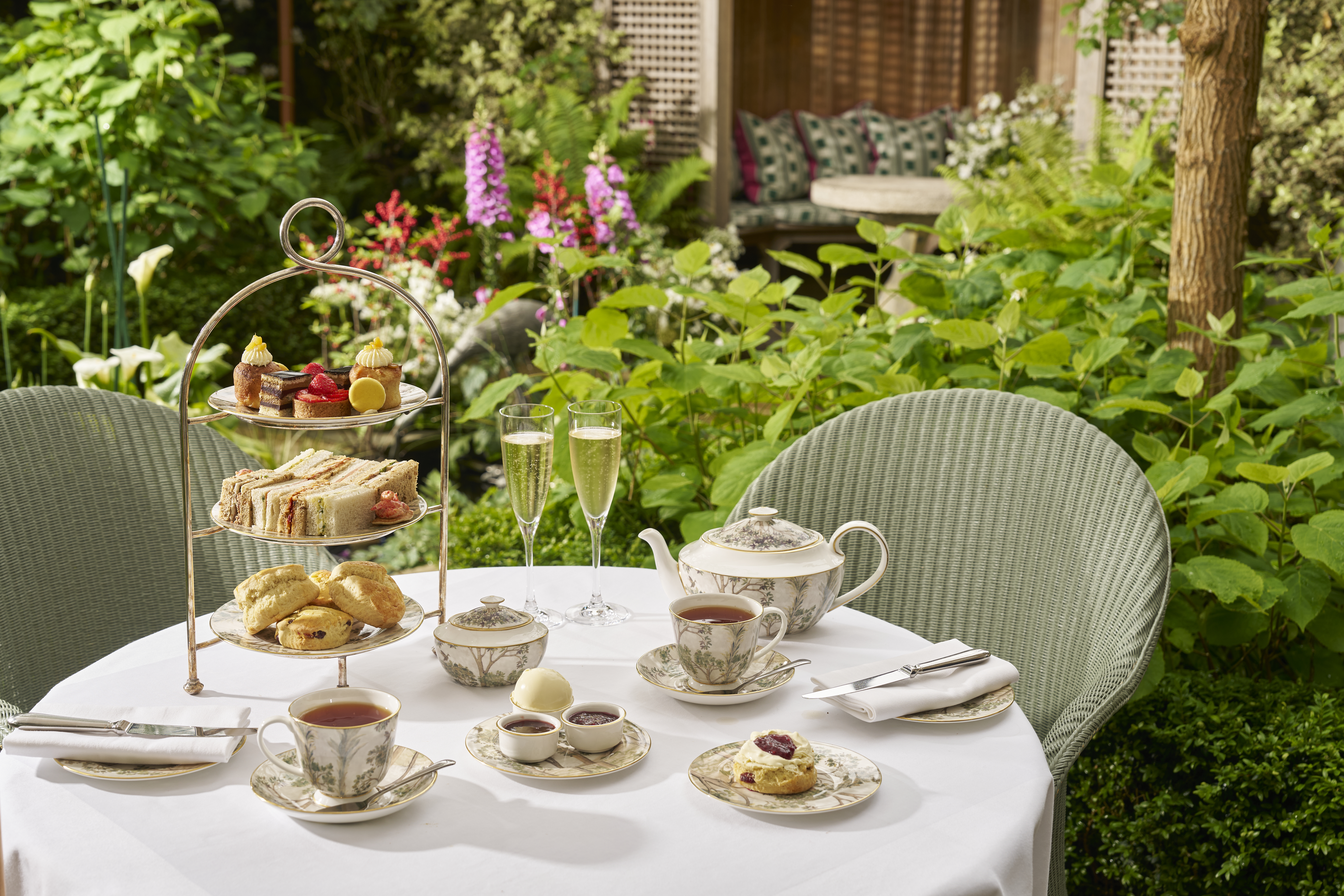 Wide shot of Traditional Afternoon Tea with Champagne in the garden at Number Sixteen