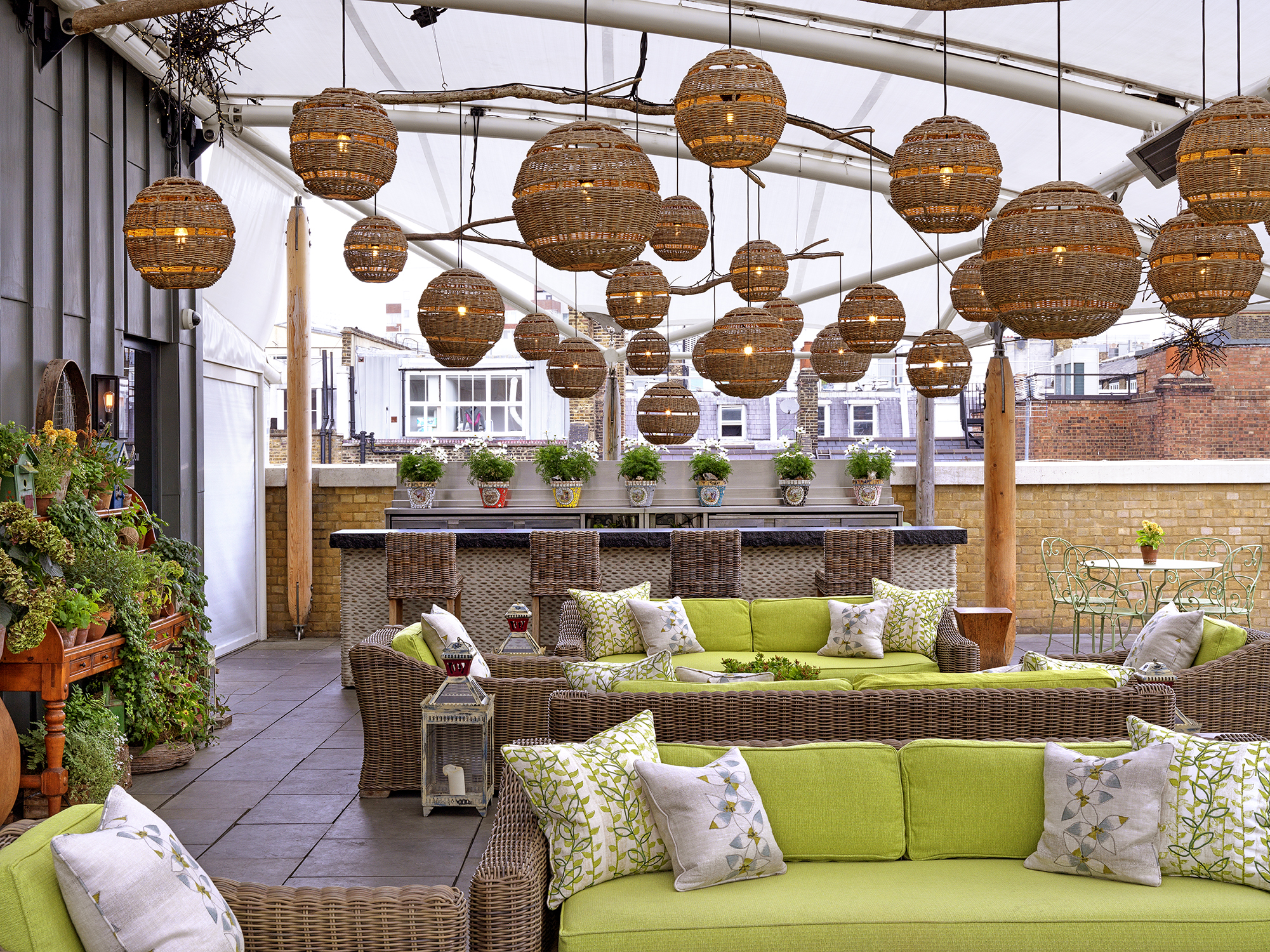 Wide shot of the Roof Terrace at Ham Yard Hotel