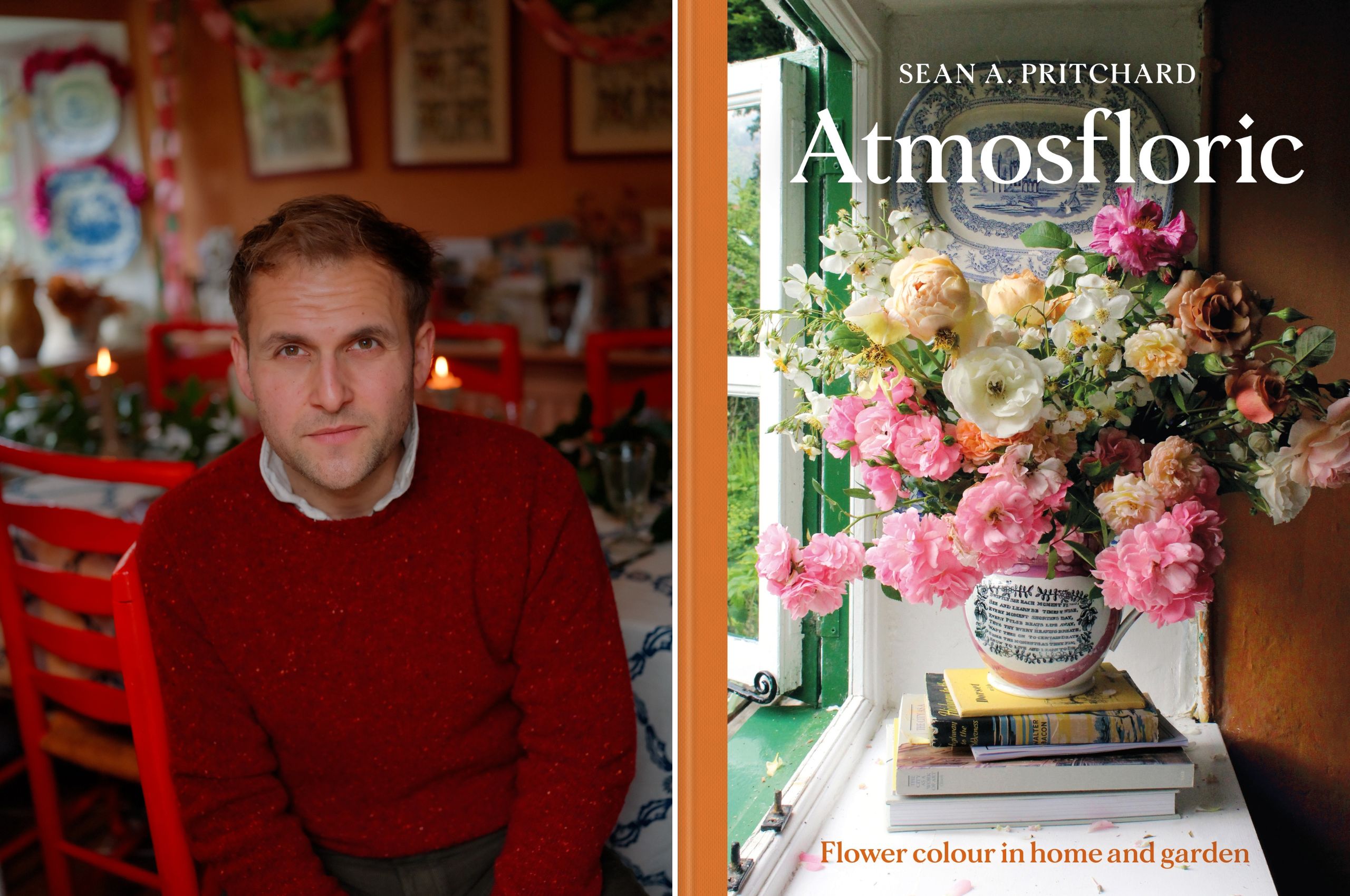 Two portrait images stitched together. On the left, a headshot of author Sean A. Pritchard. On the right, the book jacket for Atmosfloric by Sean A. Pritchard, which displays a large spring floral arrangement