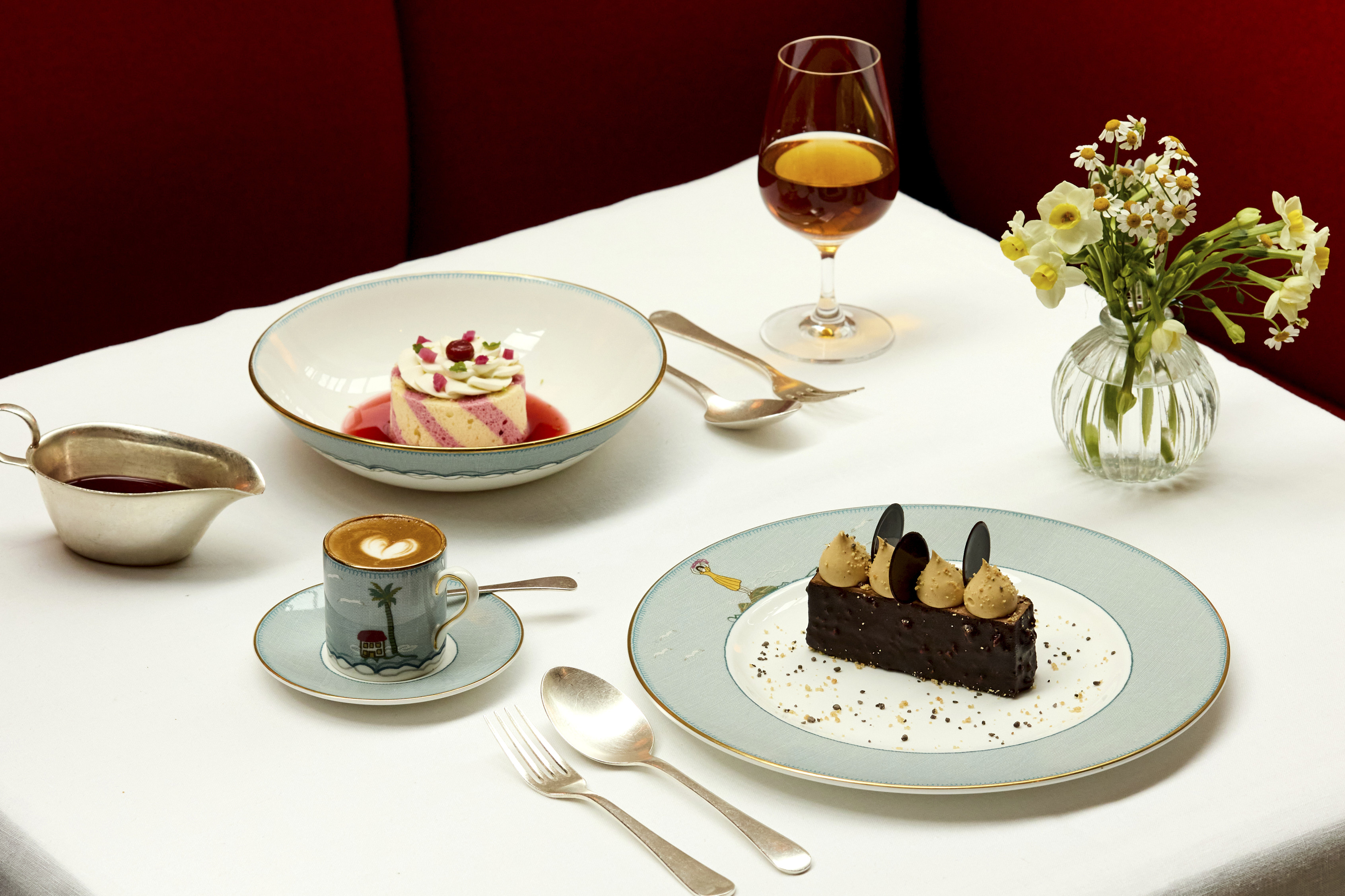 Wide shot of desserts at Ham Yard restaurant