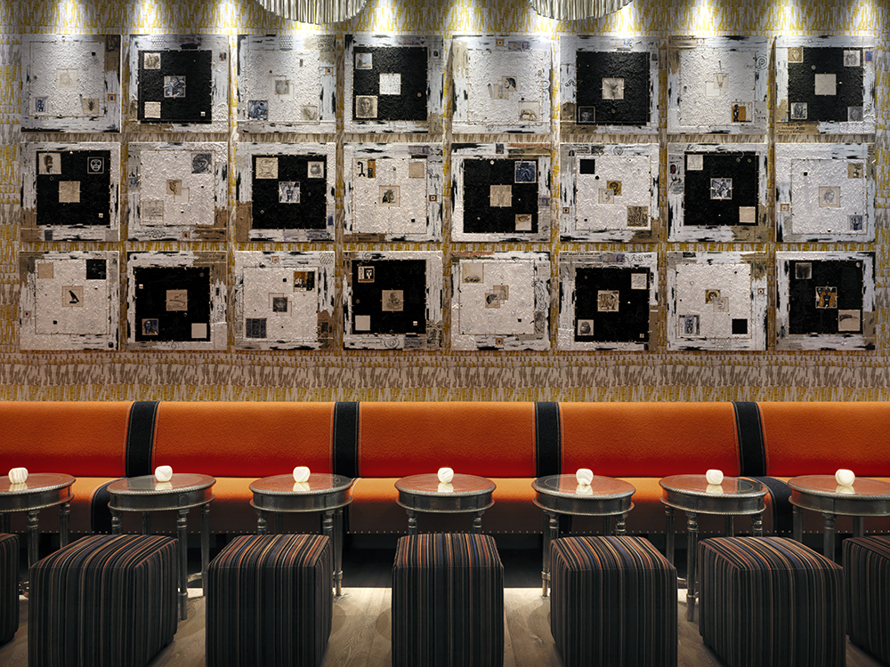 A wide shot of the low bar banquette and seating area at Ham Yard