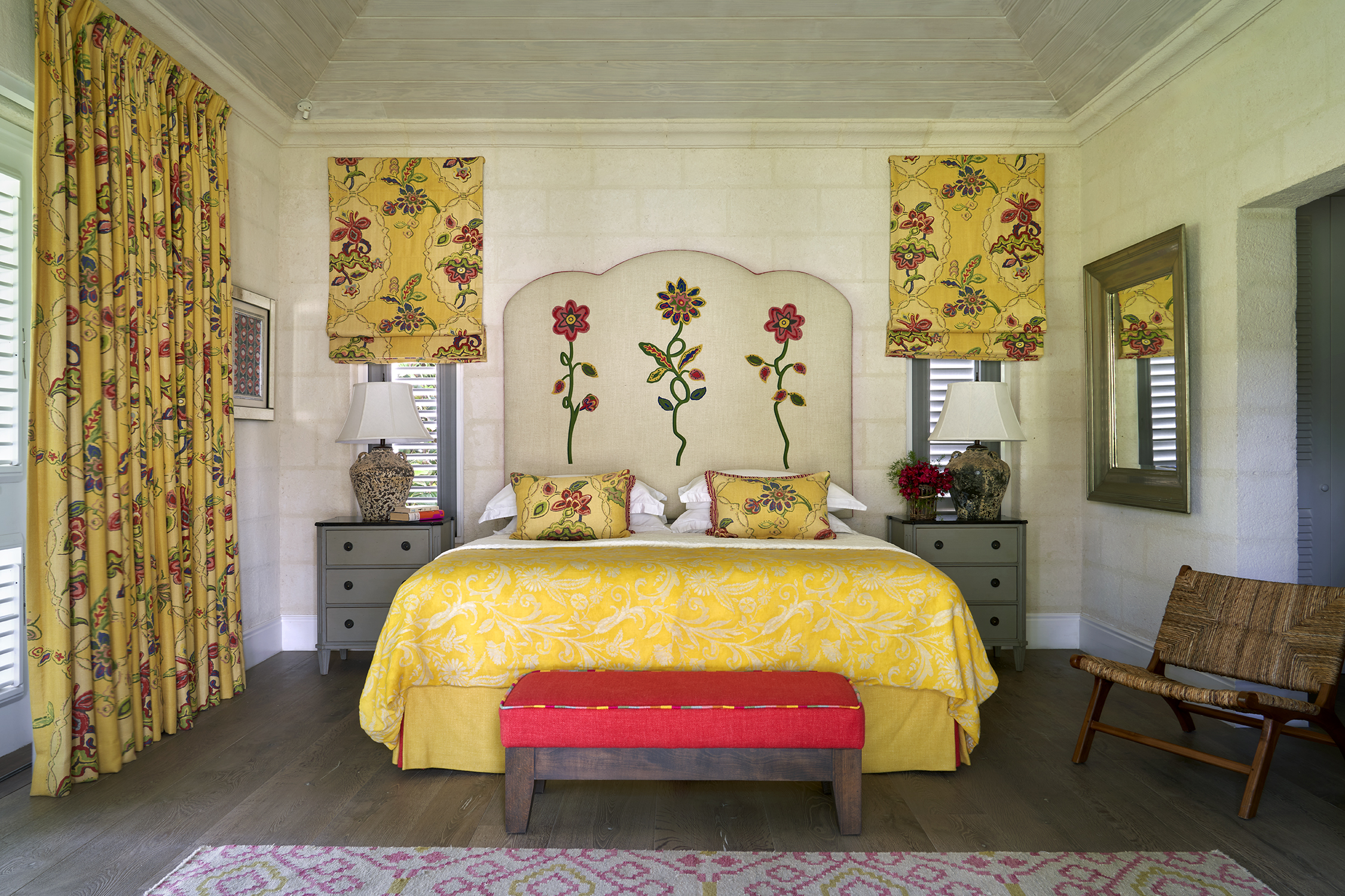 A front on image of the bed, in Bedroom 5. At Rossferry, the Carribean Property managed by Firmdale.