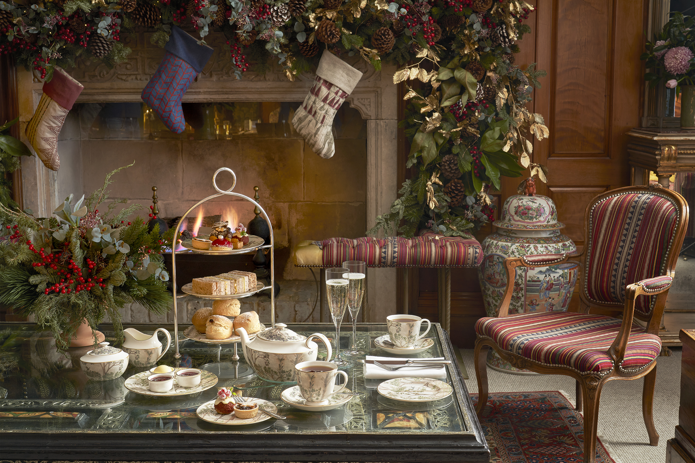 Wide shot of Festive Afternoon Tea in the drawing room at Covent Garden Hotel