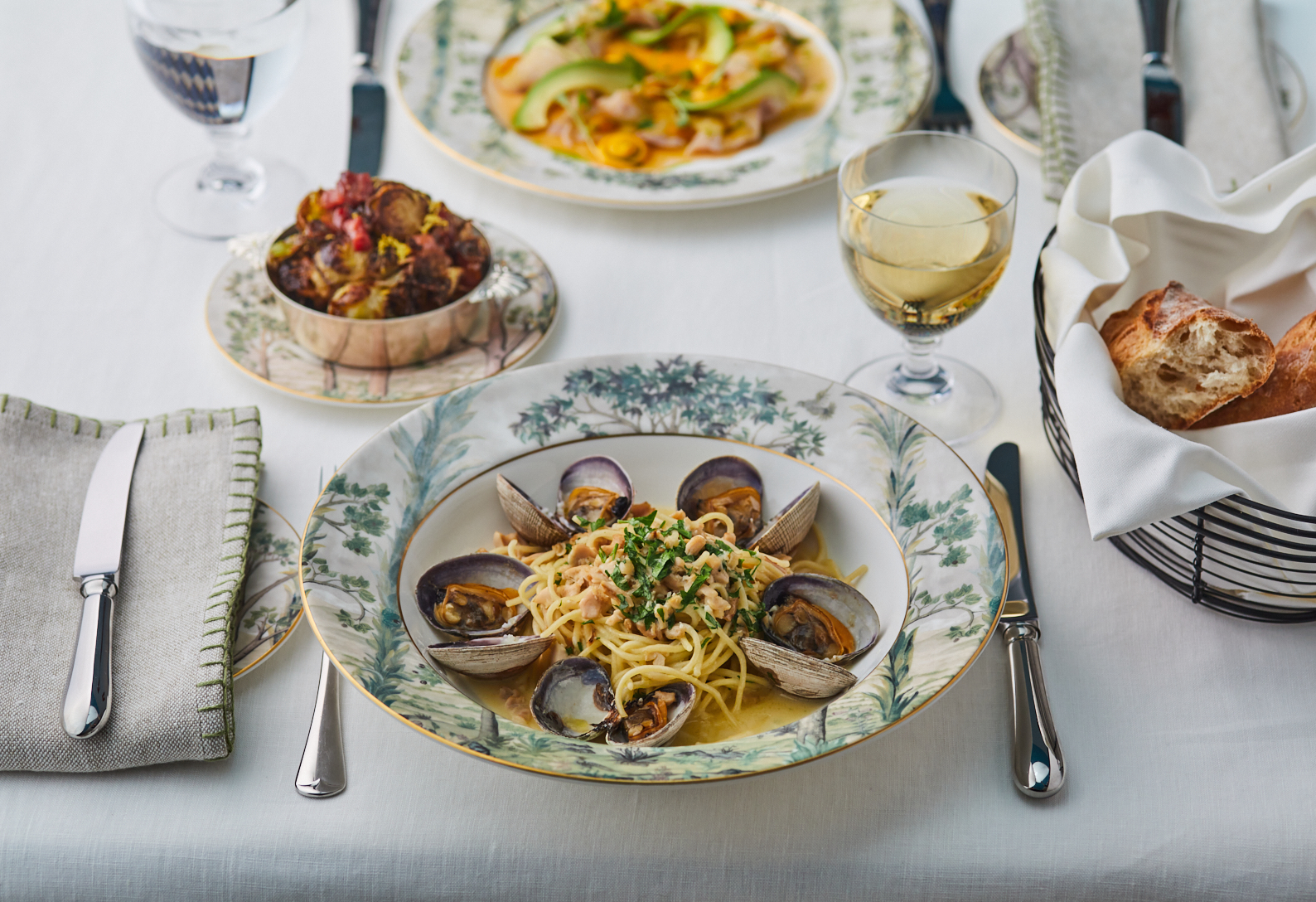 Close up image of a dish of Spaghetti Vongole, At the Warren Street Hotel