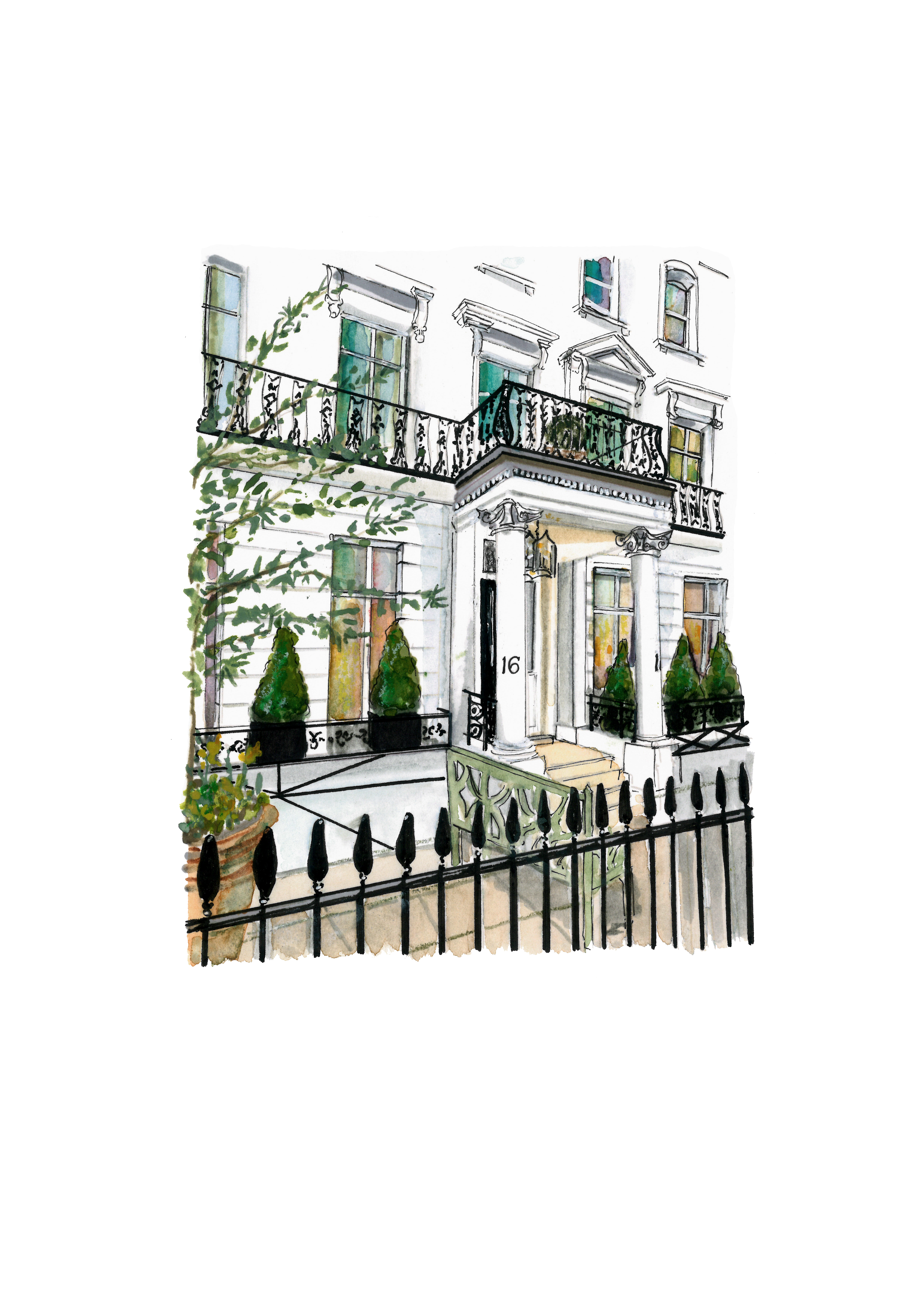 A watercolor-style illustration of Number Sixteen London exterior at an angle