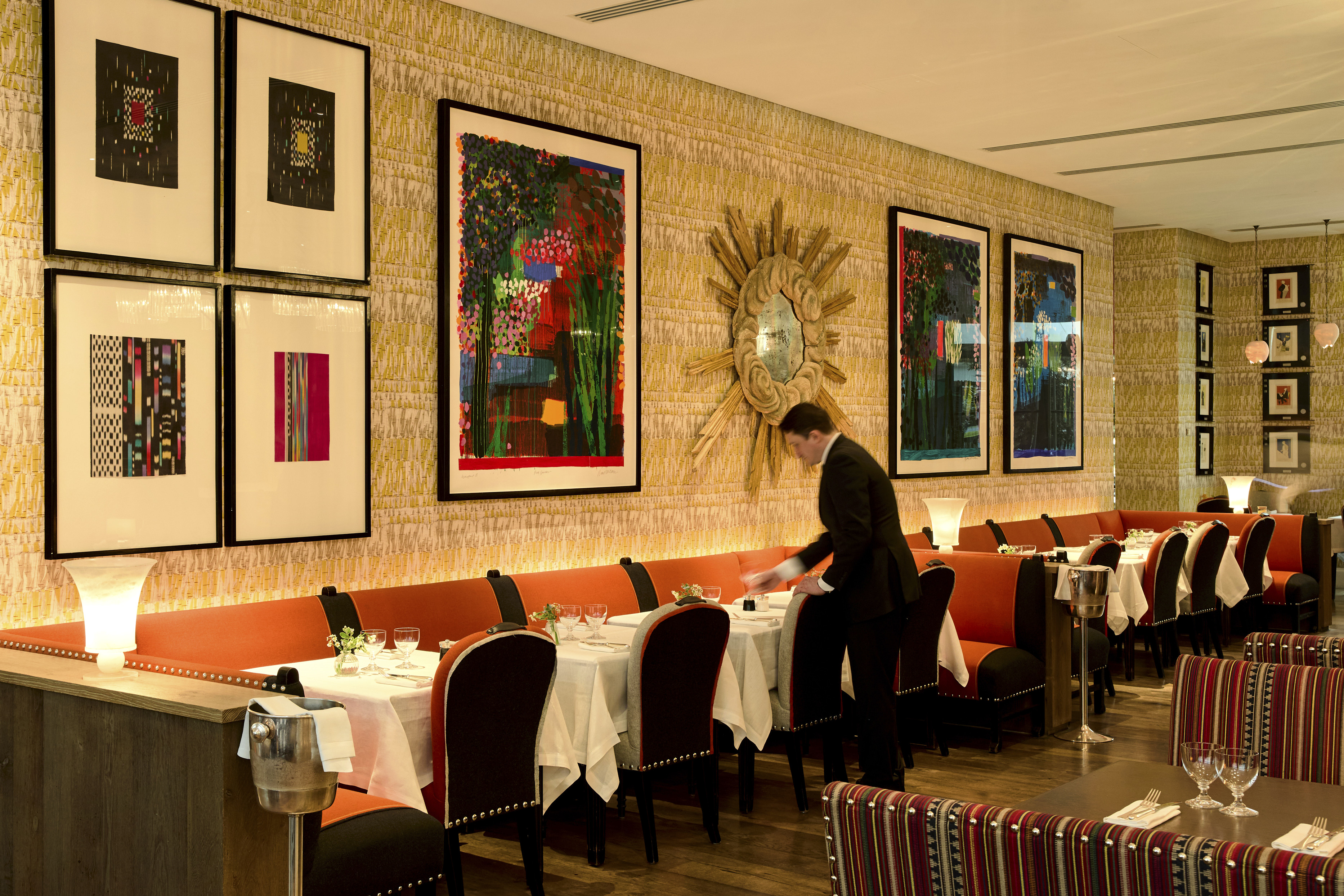 Wide shot of restaurant at Ham Yard Hotel