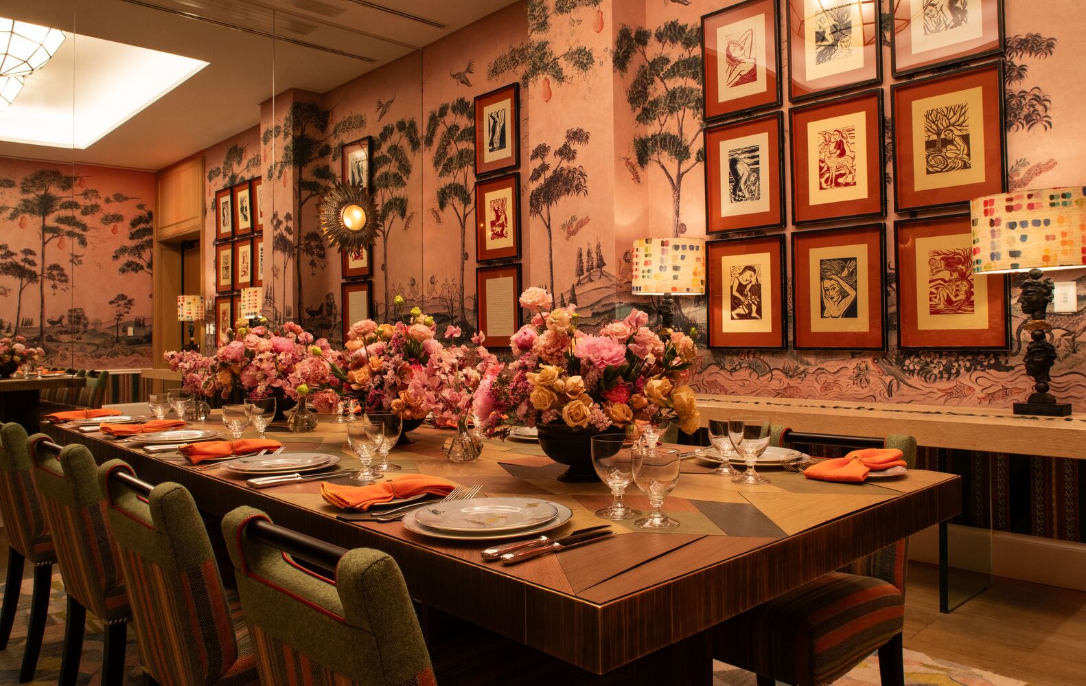 Diagonal shot of a long dining table set-up in the Araminta private events room at the Whitby Hotel