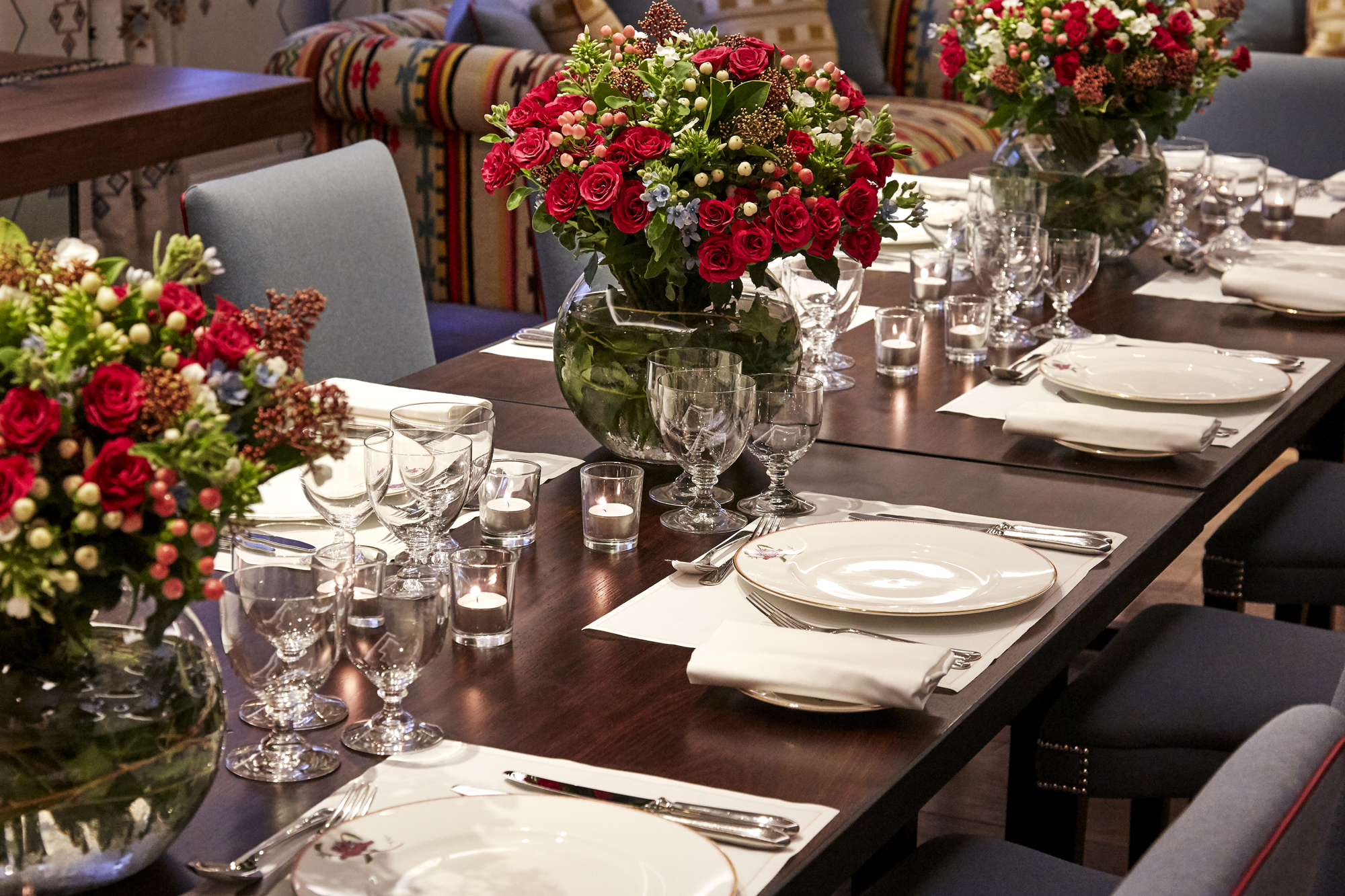Close shot of a long dining tables in the Rocklin private events room at Haymarket Hotel