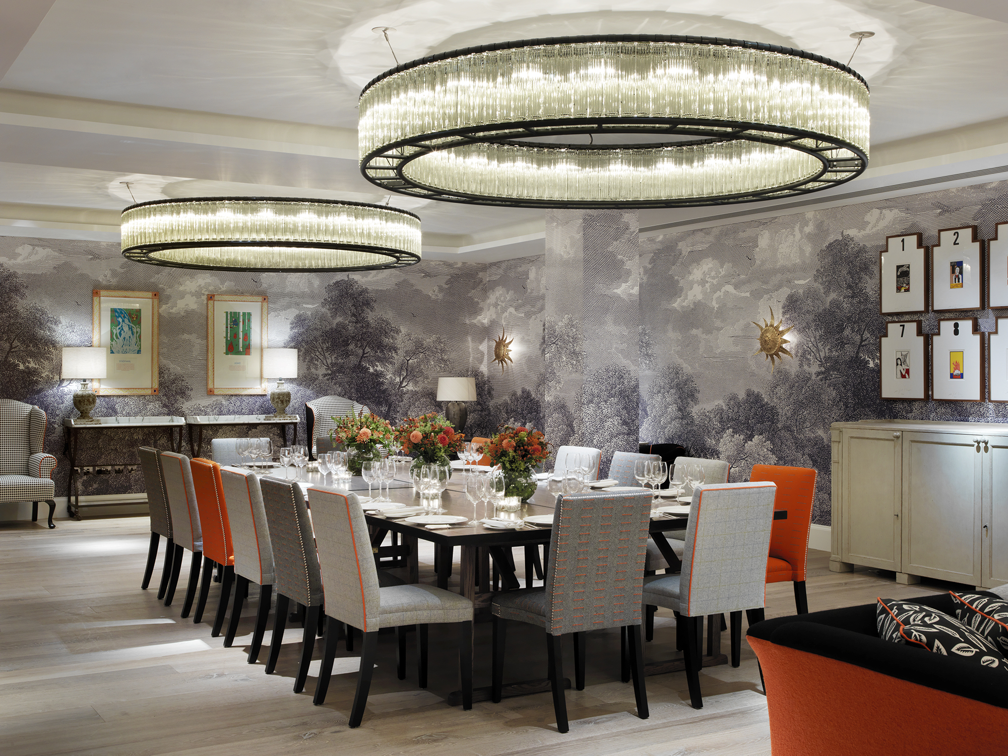 Long dining table in the Windmill private events room at Ham Yard Hotel
