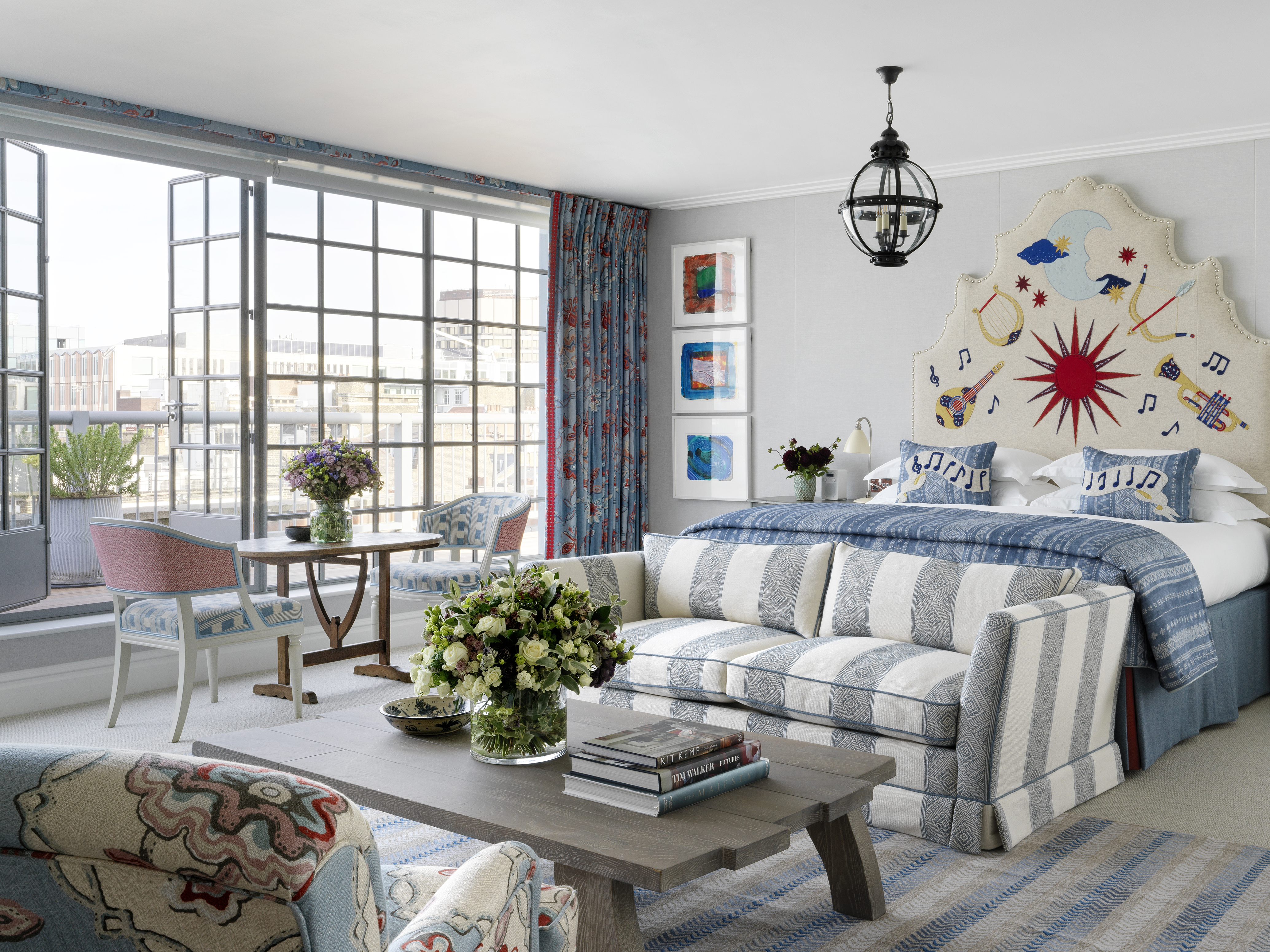 Wide bedroom shot of room 504, the One Bedroom Terrace Suite at The Soho Hotel