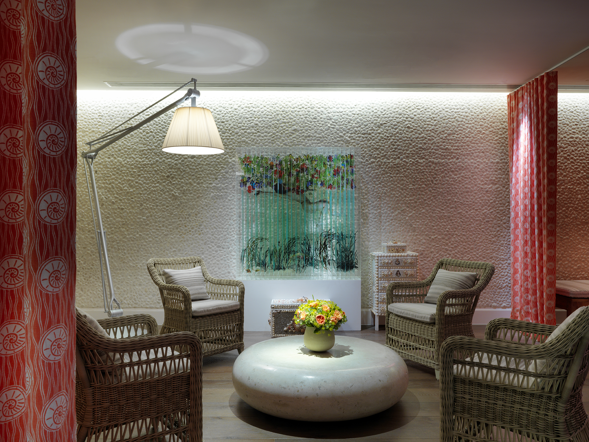 Wide shot of the lounge area of the Soholistic Spa at Ham Yard Hotel